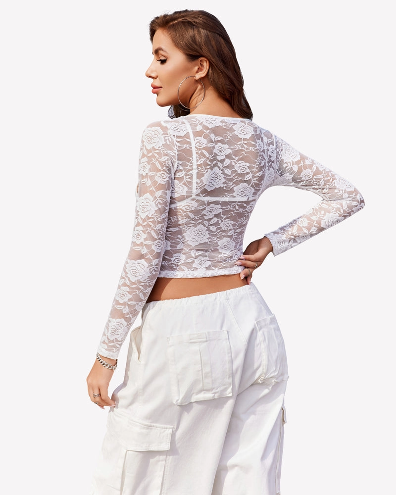 Mesh Long Sleeve Crop Top with Bra Set