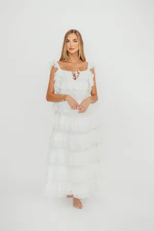 Mikayla 100% Cotton Lace and Gauze Contrast Tiered Maxi Dress in Off-White