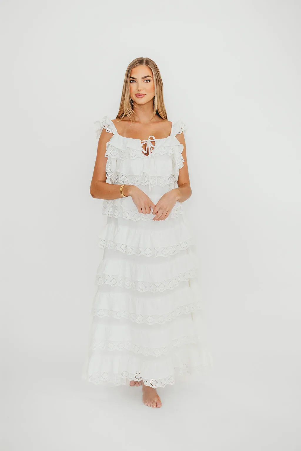 Mikayla 100% Cotton Lace and Gauze Contrast Tiered Maxi Dress in Off-White