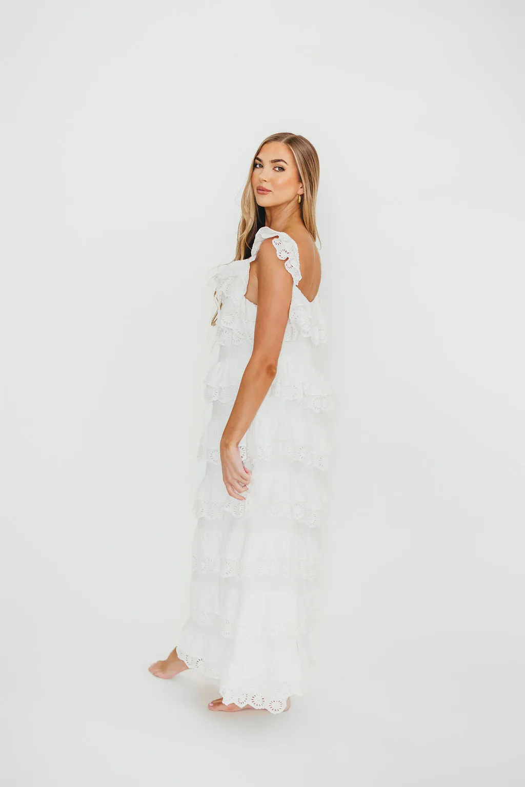 Mikayla 100% Cotton Lace and Gauze Contrast Tiered Maxi Dress in Off-White
