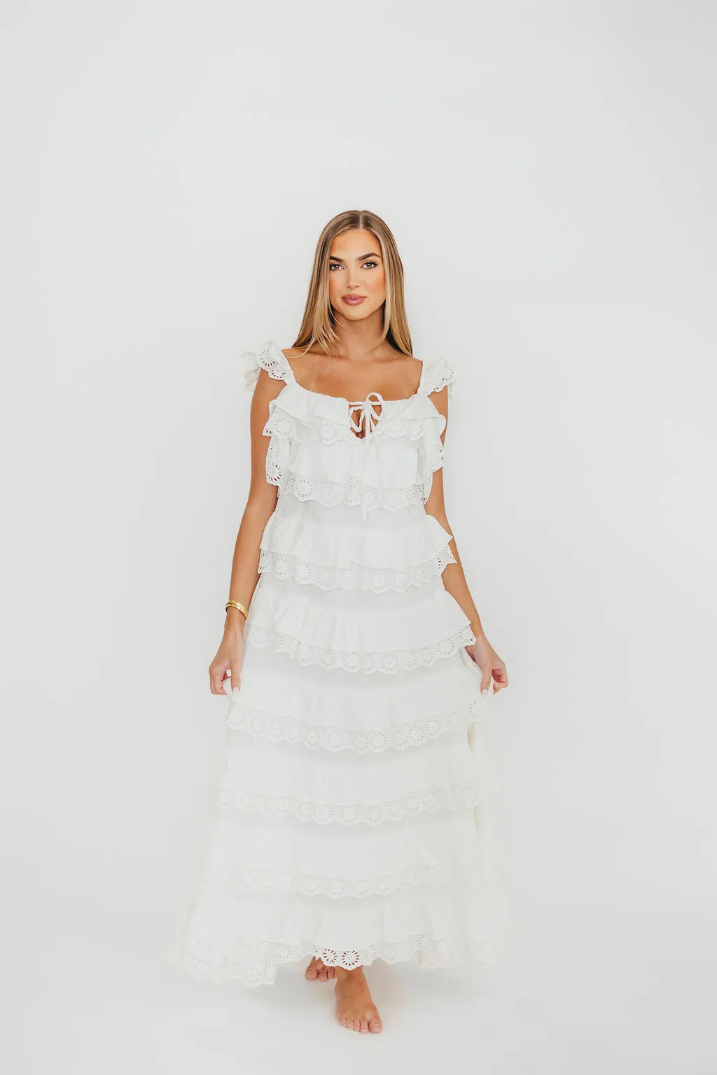 Mikayla 100% Cotton Lace and Gauze Contrast Tiered Maxi Dress in Off-White