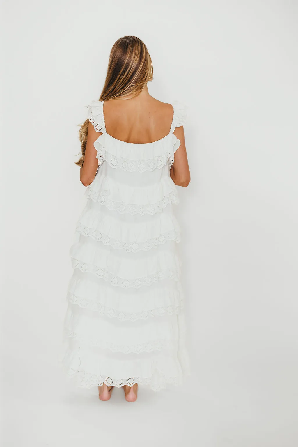 Mikayla 100% Cotton Lace and Gauze Contrast Tiered Maxi Dress in Off-White