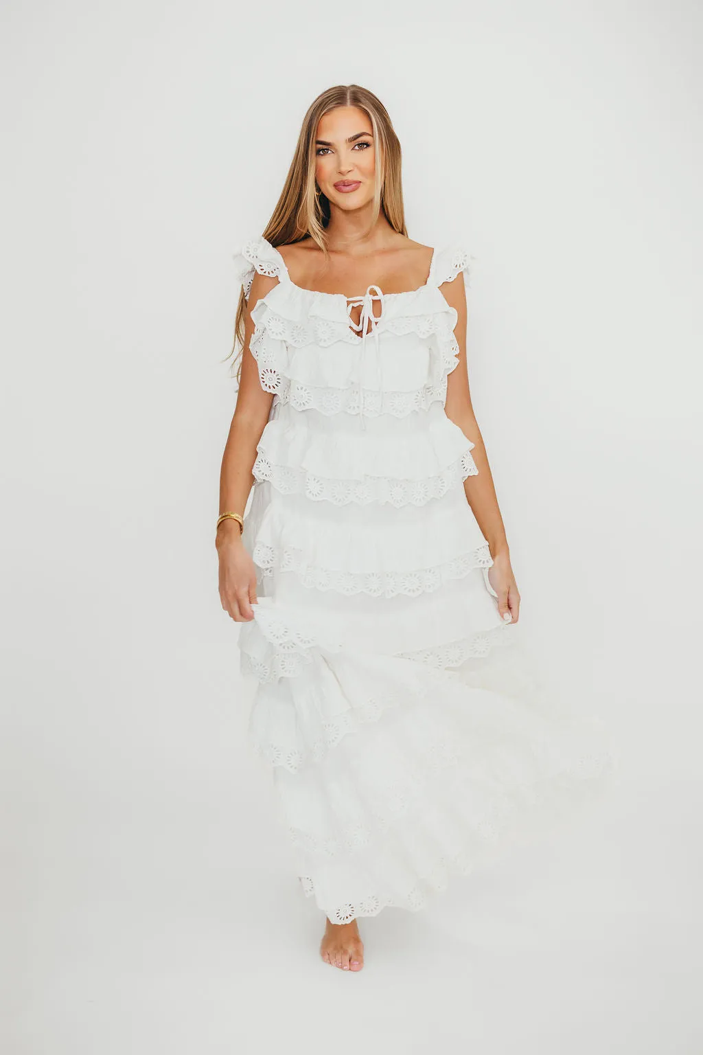 Mikayla 100% Cotton Lace and Gauze Contrast Tiered Maxi Dress in Off-White