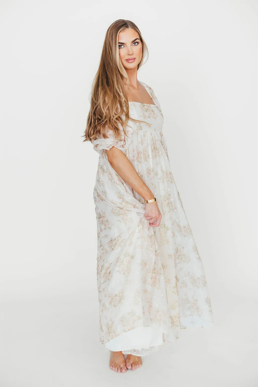 Mona Maxi Dress with Smocking in Cream Floral - Bump Friendly & Inclusive Sizing (S-3XL)