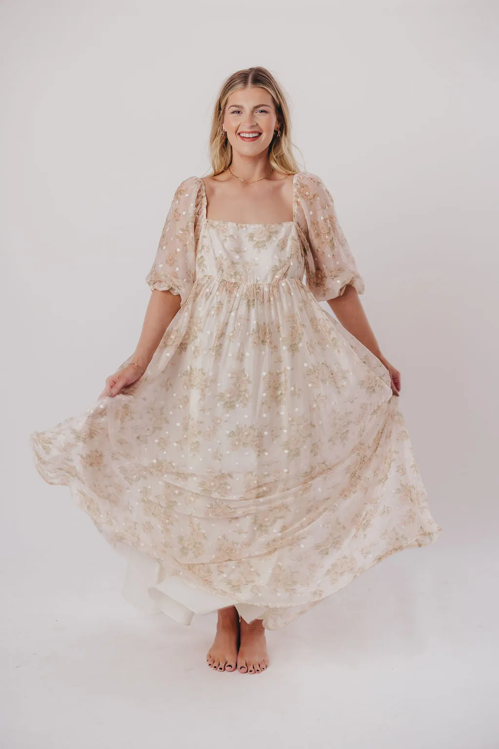 Mona Maxi Dress with Smocking in Cream Floral - Bump Friendly & Inclusive Sizing (S-3XL)