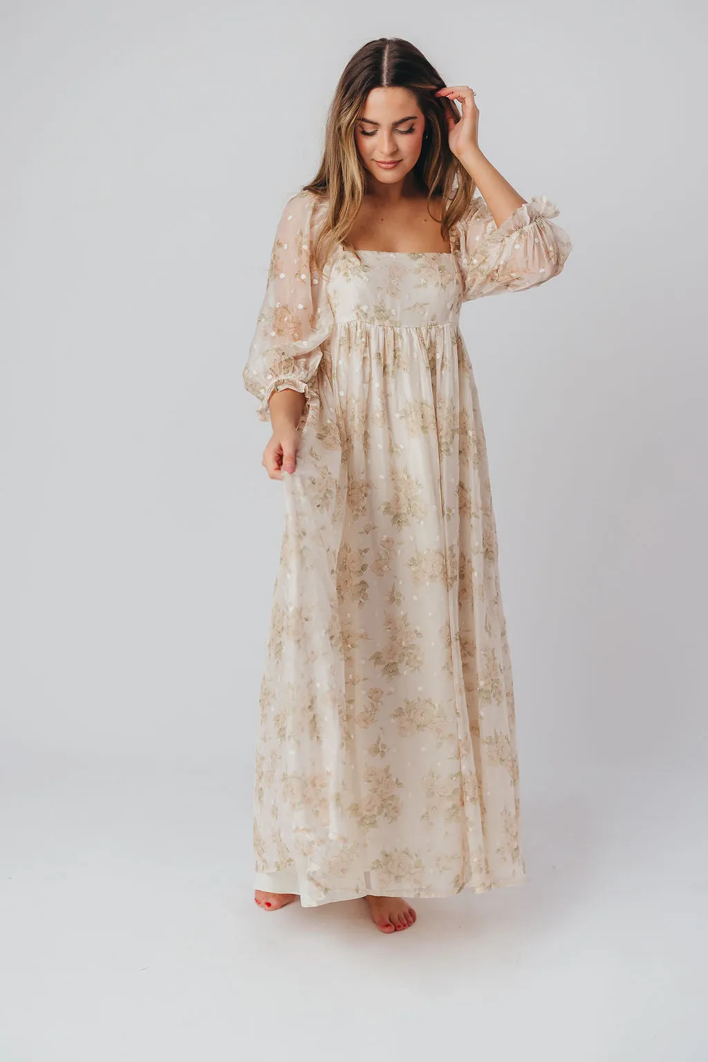 Mona Maxi Dress with Smocking in Cream Floral - Bump Friendly & Inclusive Sizing (S-3XL)