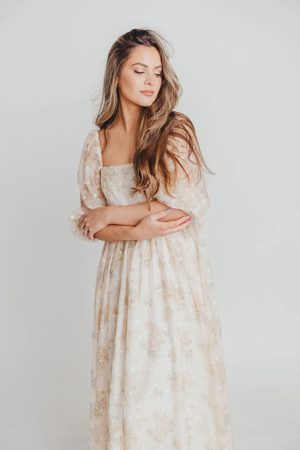 Mona Maxi Dress with Smocking in Cream Floral - Bump Friendly & Inclusive Sizing (S-3XL)