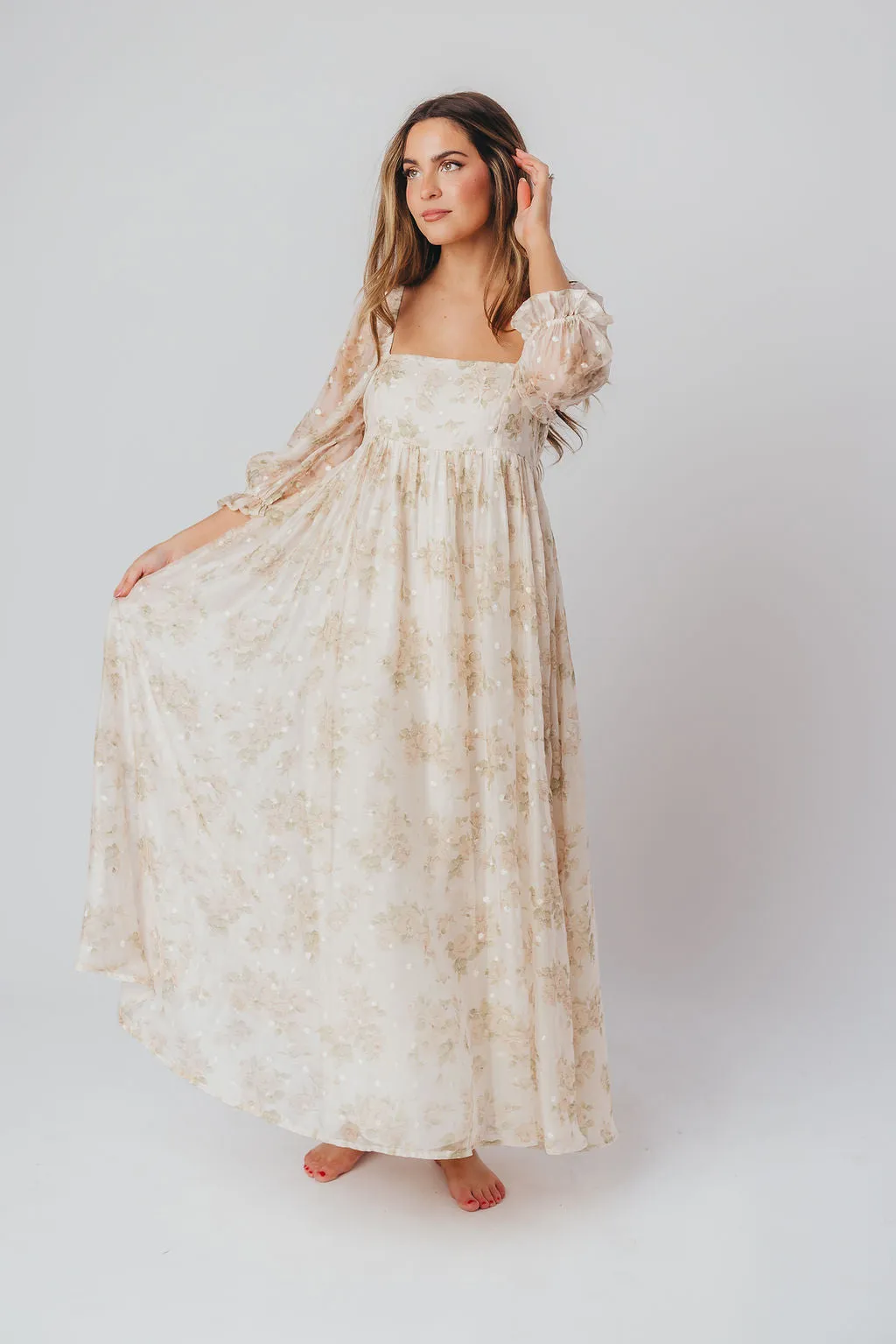 Mona Maxi Dress with Smocking in Cream Floral - Bump Friendly & Inclusive Sizing (S-3XL)