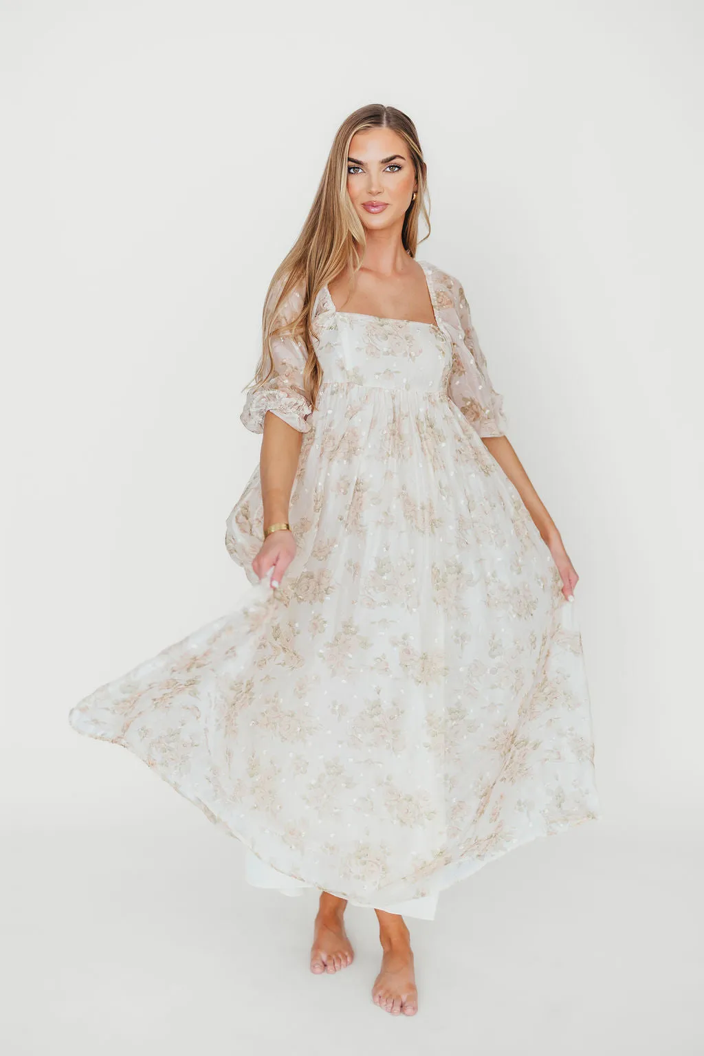 Mona Maxi Dress with Smocking in Cream Floral - Bump Friendly & Inclusive Sizing (S-3XL)