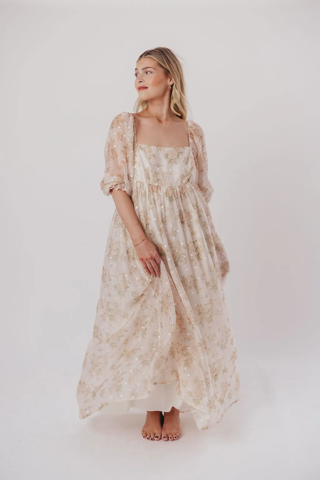 Mona Maxi Dress with Smocking in Cream Floral - Bump Friendly & Inclusive Sizing (S-3XL)