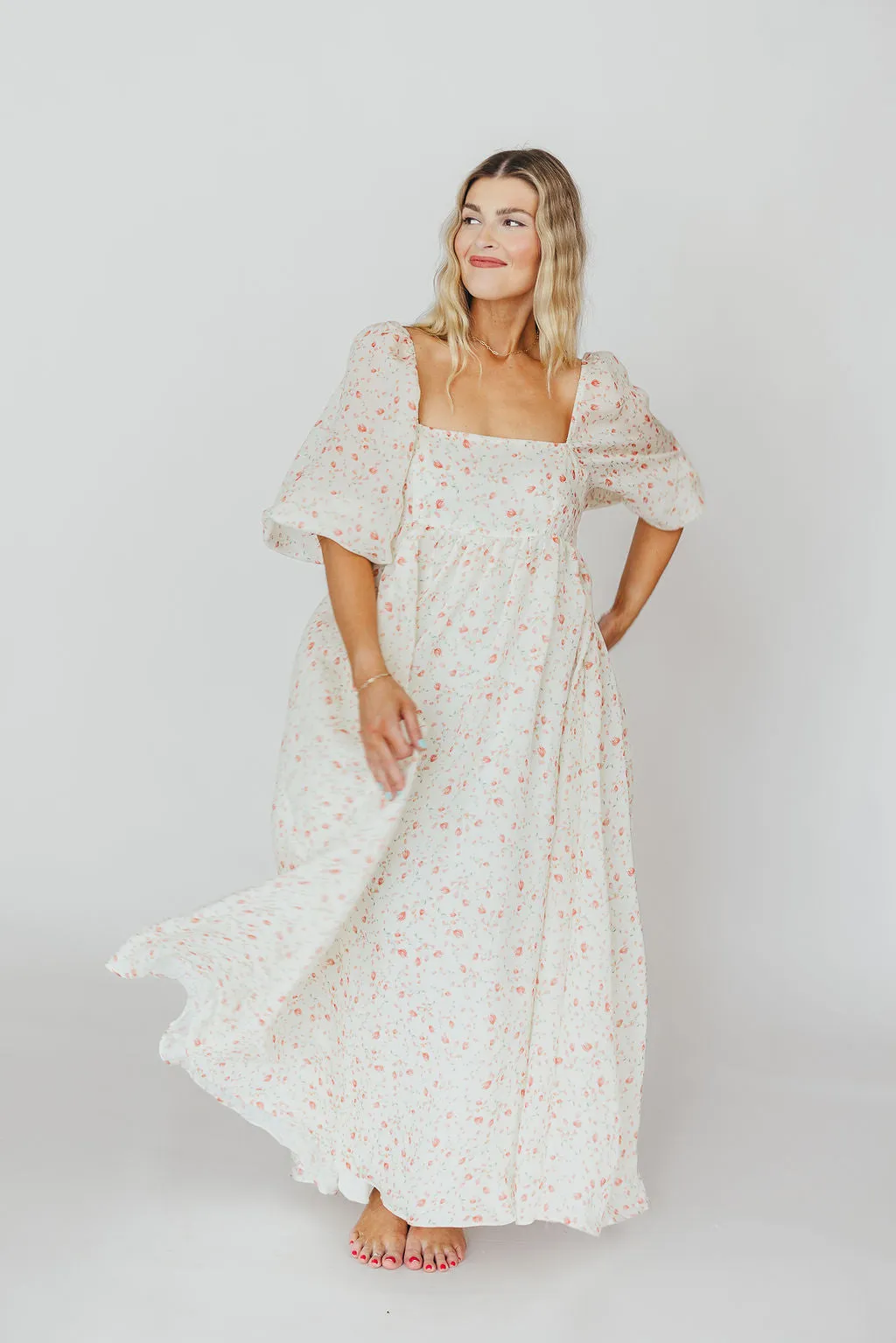 Mona Maxi Dress with Smocking in Ivory Floral - Bump Friendly & Inclusive Sizing (S-2XL)