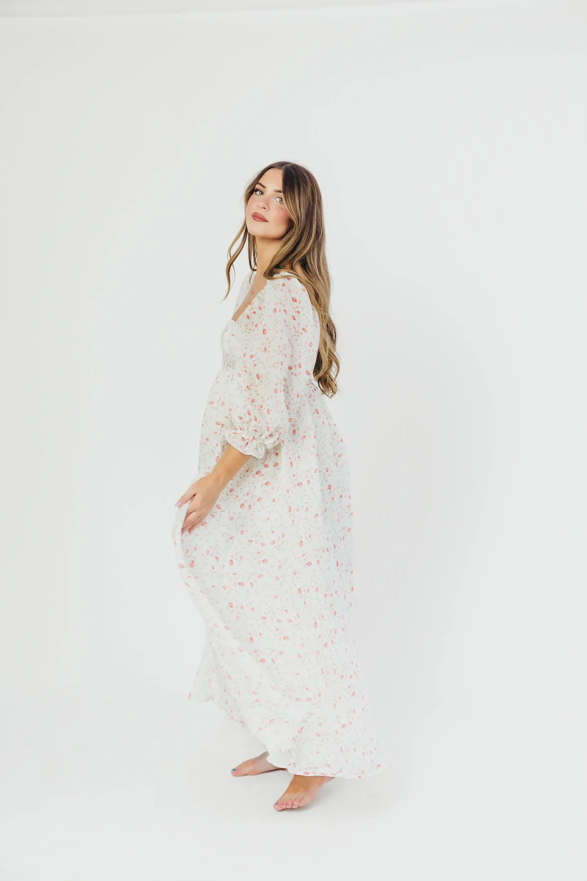 Mona Maxi Dress with Smocking in Ivory Floral - Bump Friendly & Inclusive Sizing (S-2XL)