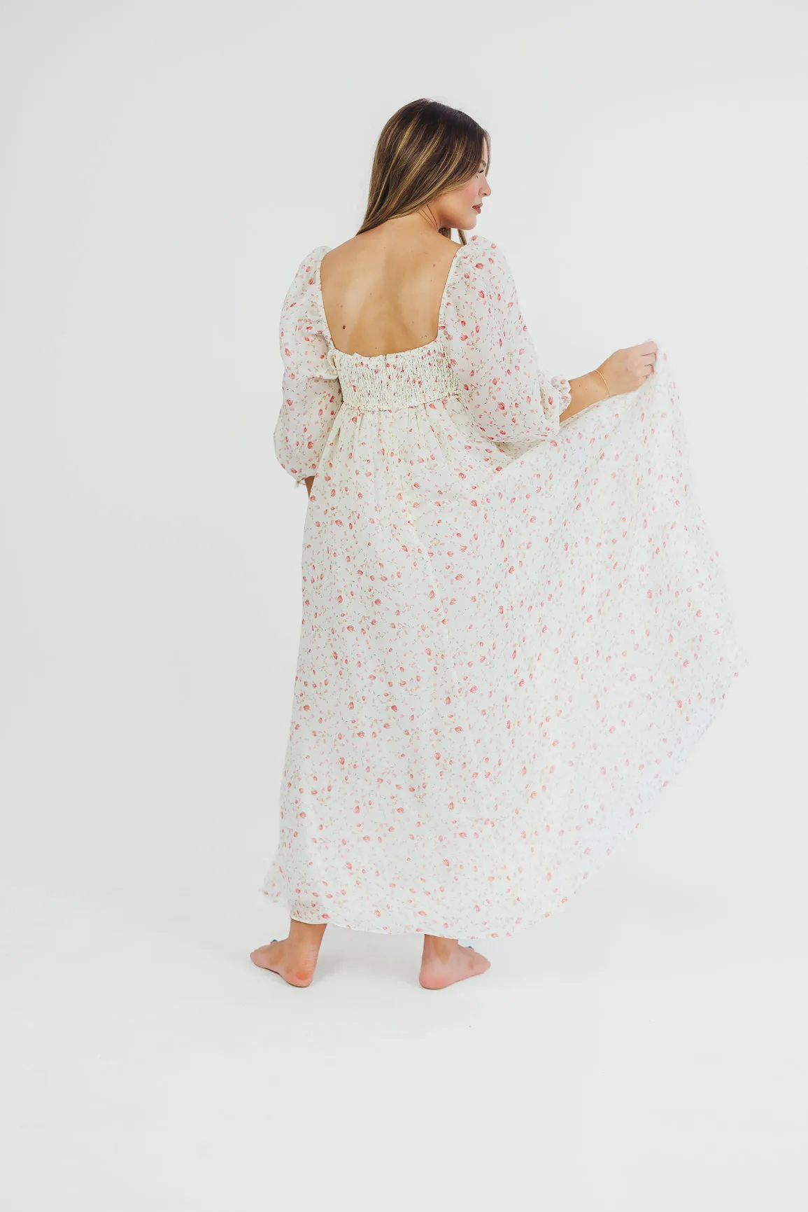 Mona Maxi Dress with Smocking in Ivory Floral - Bump Friendly & Inclusive Sizing (S-2XL)