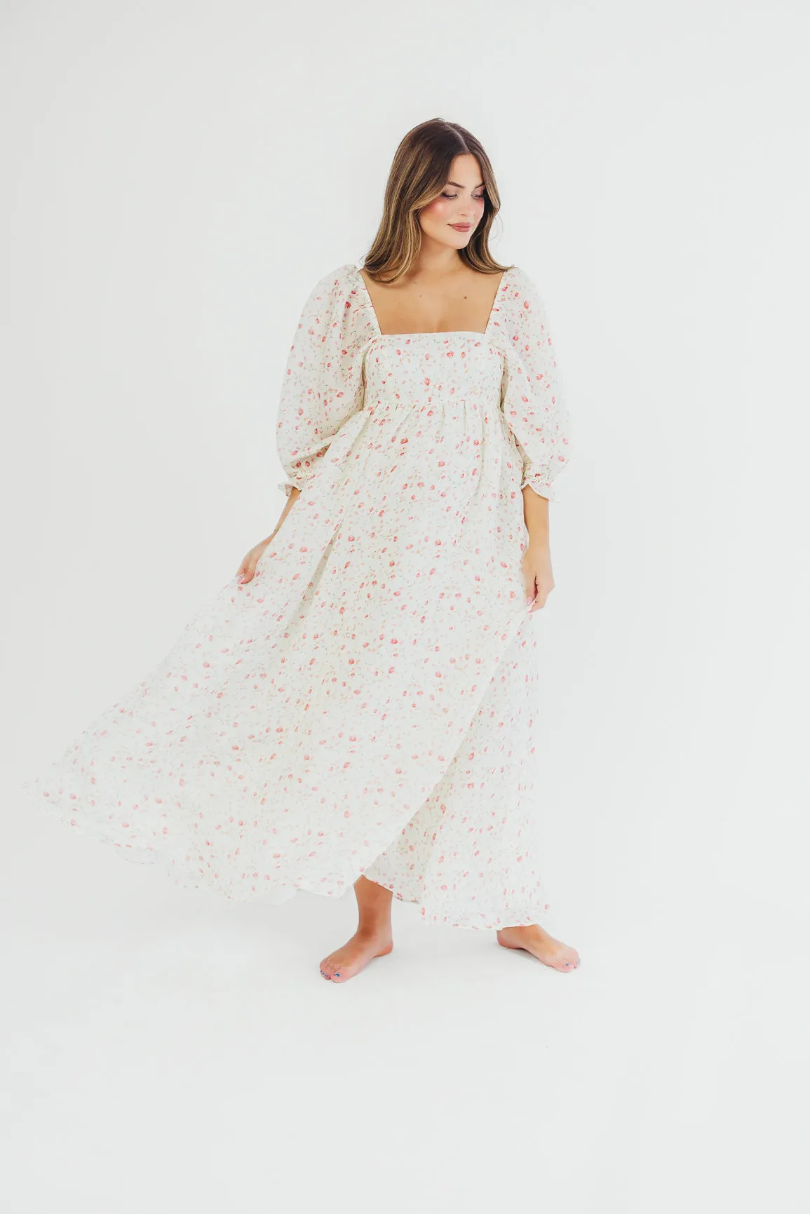 Mona Maxi Dress with Smocking in Ivory Floral - Bump Friendly & Inclusive Sizing (S-2XL)