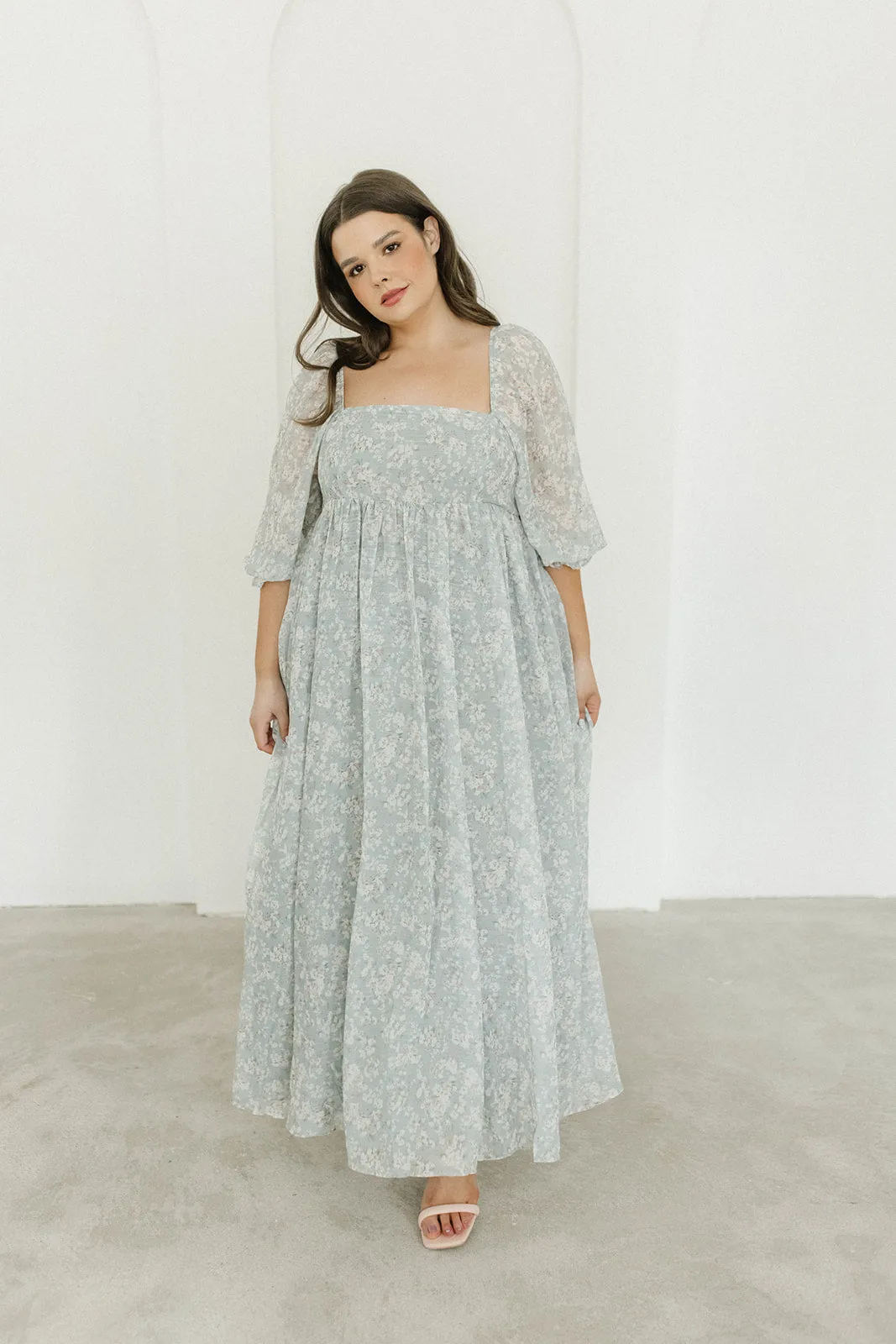 Mona Maxi Dress with Smocking in Sage Green Floral - Bump Friendly & Inclusive Sizing (S-3XL)