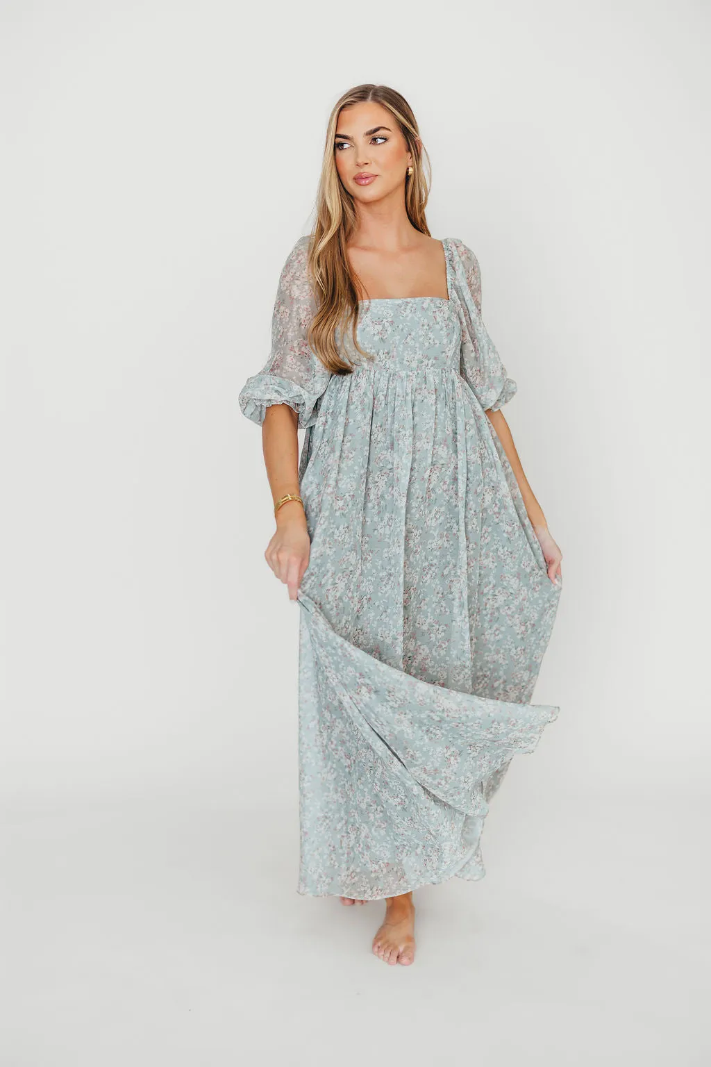 Mona Maxi Dress with Smocking in Sage Green Floral - Bump Friendly & Inclusive Sizing (S-3XL)
