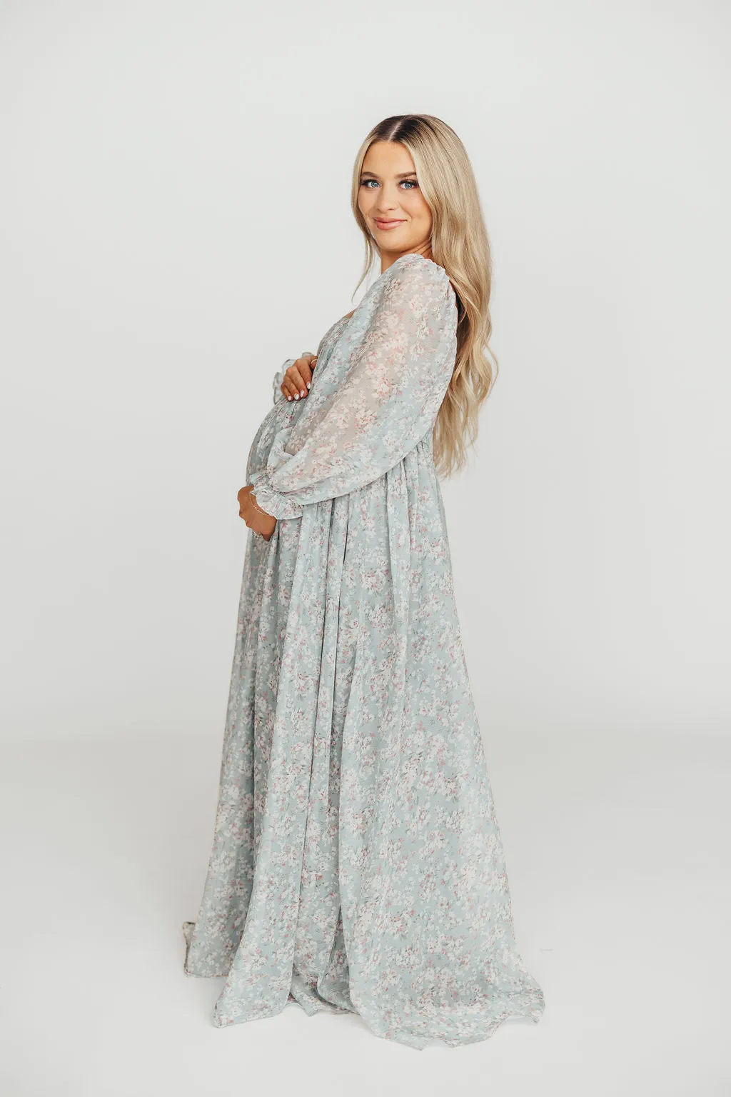 Mona Maxi Dress with Smocking in Sage Green Floral - Bump Friendly & Inclusive Sizing (S-3XL)