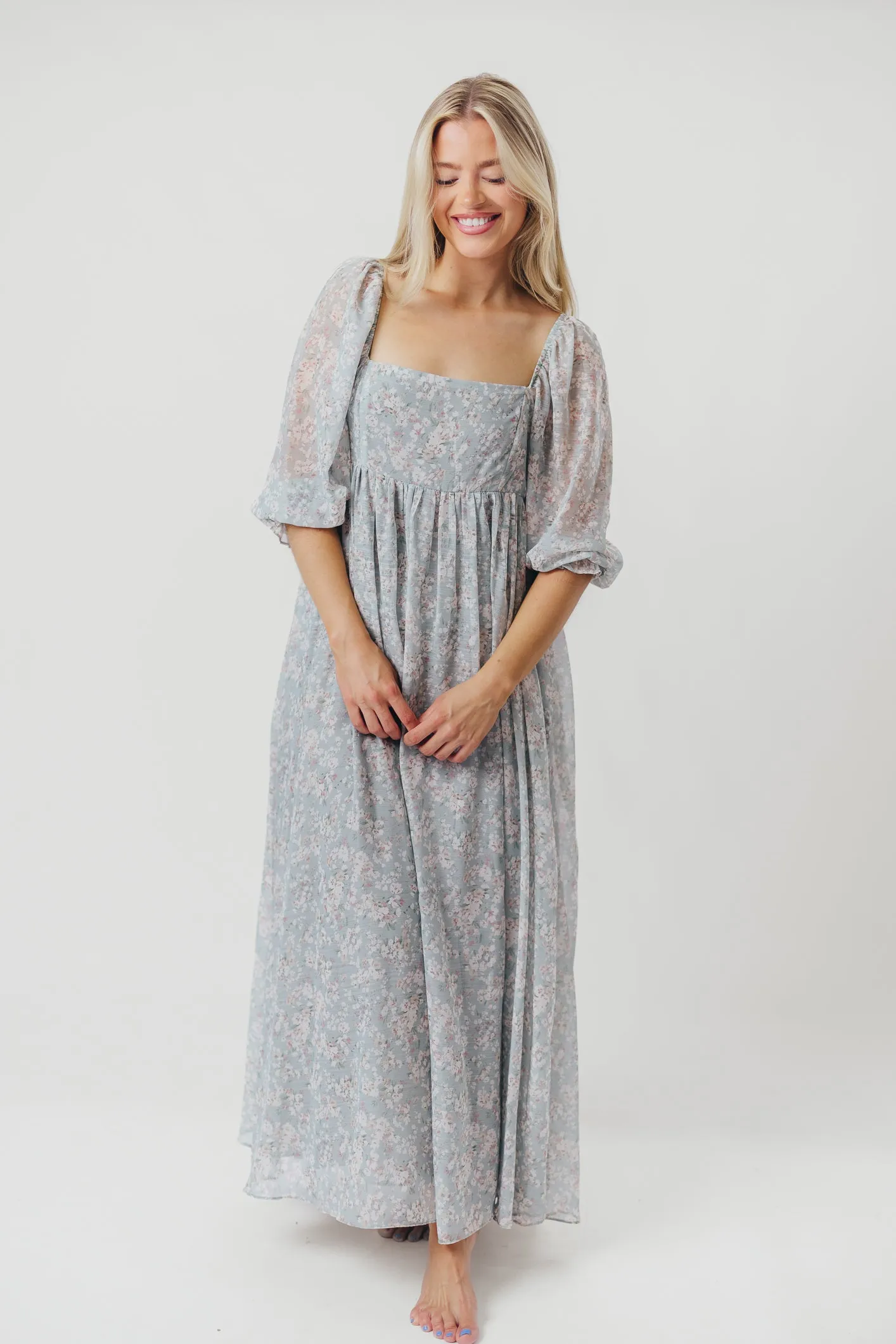 Mona Maxi Dress with Smocking in Sage Green Floral - Bump Friendly & Inclusive Sizing (S-3XL)