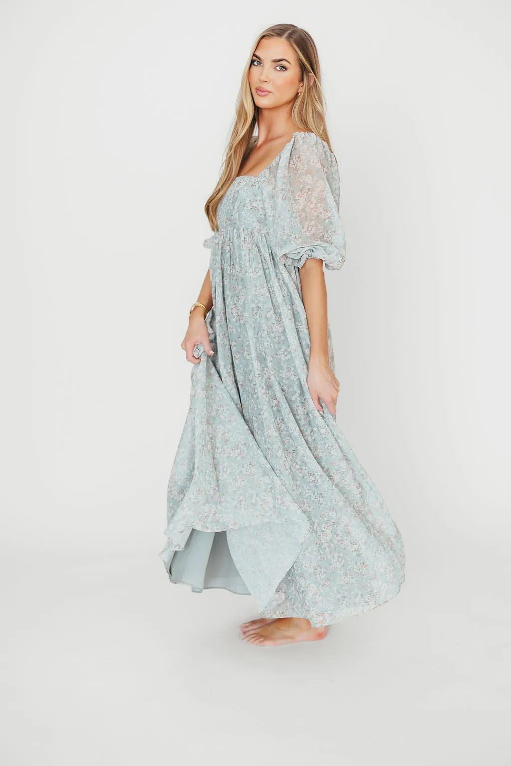 Mona Maxi Dress with Smocking in Sage Green Floral - Bump Friendly & Inclusive Sizing (S-3XL)