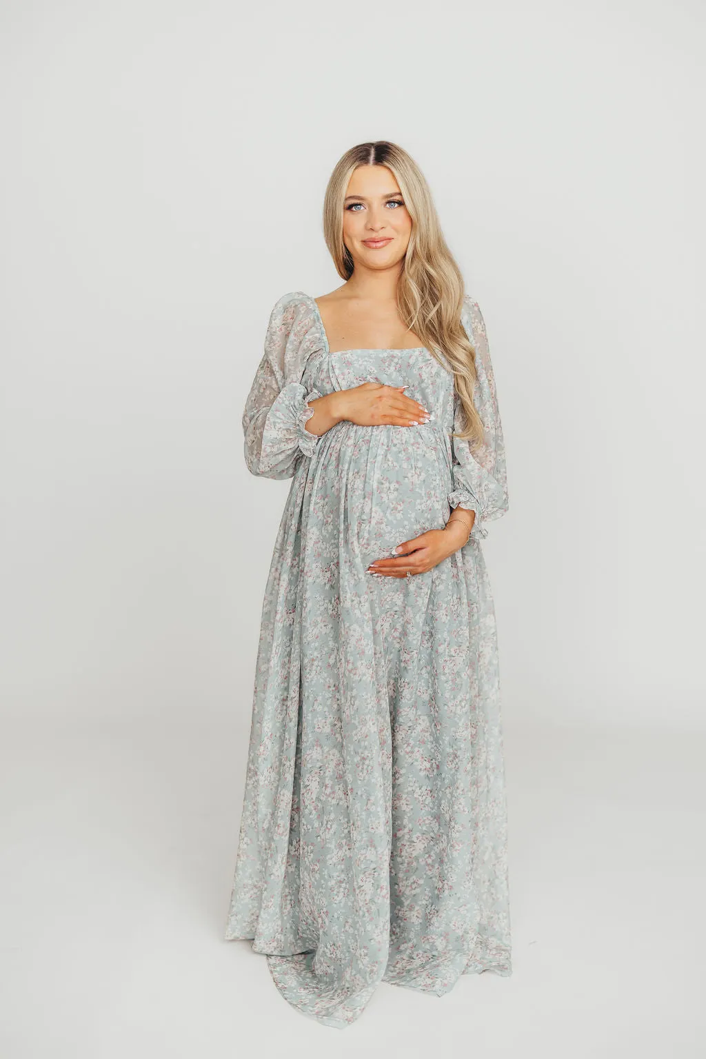 Mona Maxi Dress with Smocking in Sage Green Floral - Bump Friendly & Inclusive Sizing (S-3XL)
