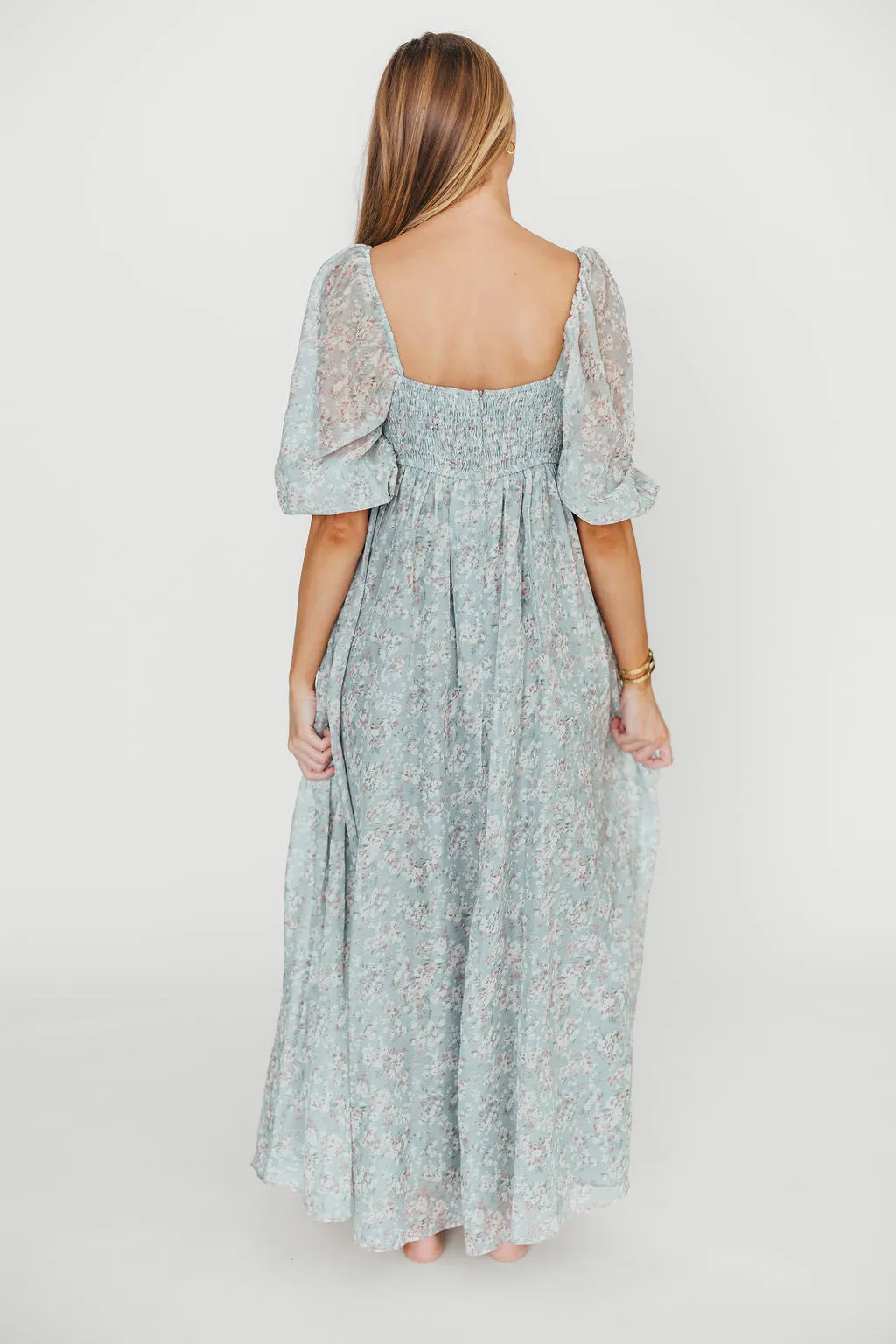 Mona Maxi Dress with Smocking in Sage Green Floral - Bump Friendly & Inclusive Sizing (S-3XL)