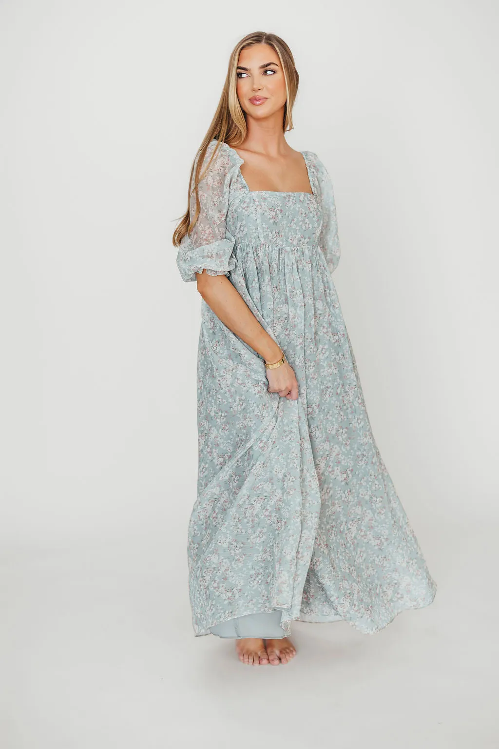 Mona Maxi Dress with Smocking in Sage Green Floral - Bump Friendly & Inclusive Sizing (S-3XL)