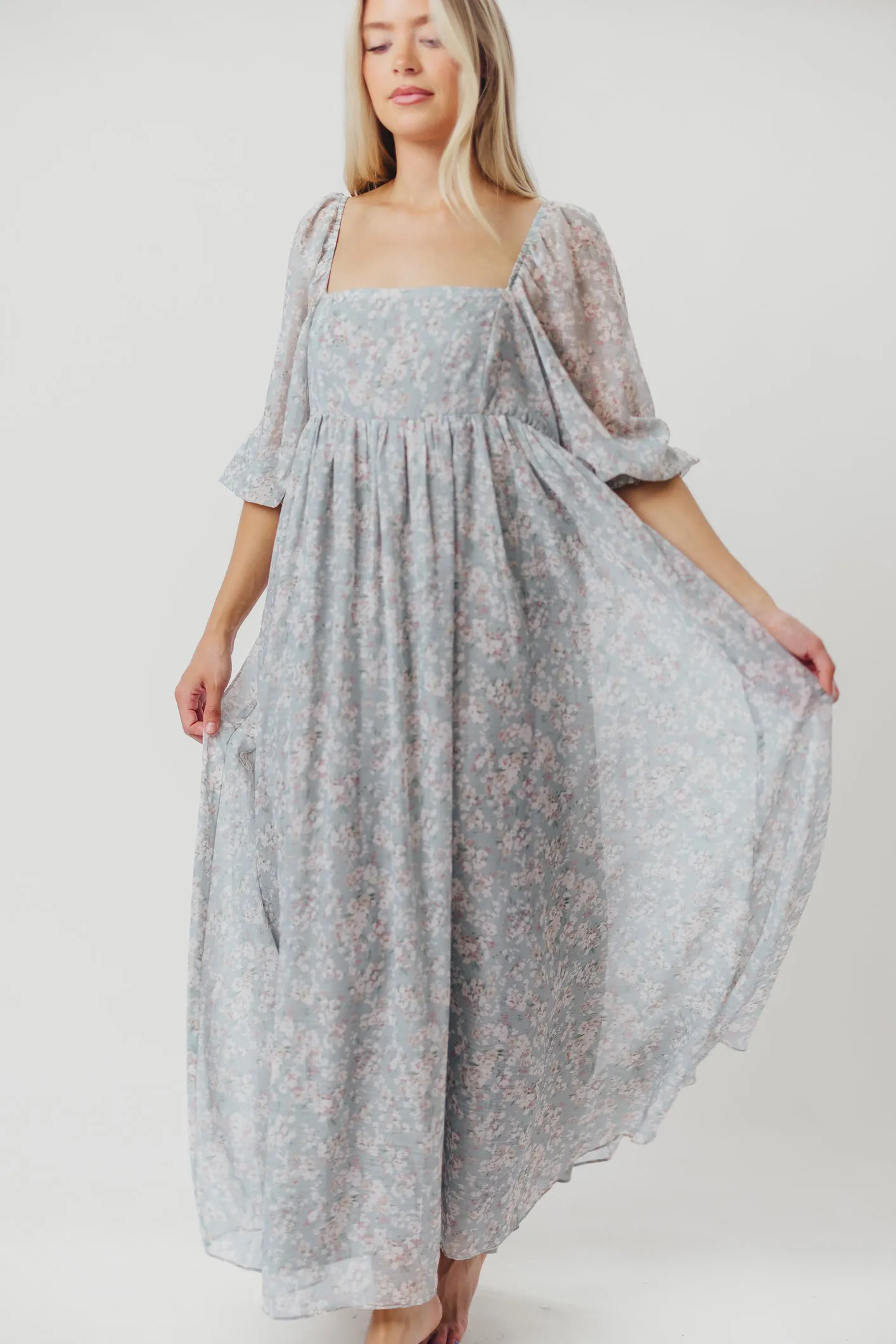 Mona Maxi Dress with Smocking in Sage Green Floral - Bump Friendly & Inclusive Sizing (S-3XL)