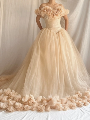 Nude Peach Tulle Flower Dress - S-L