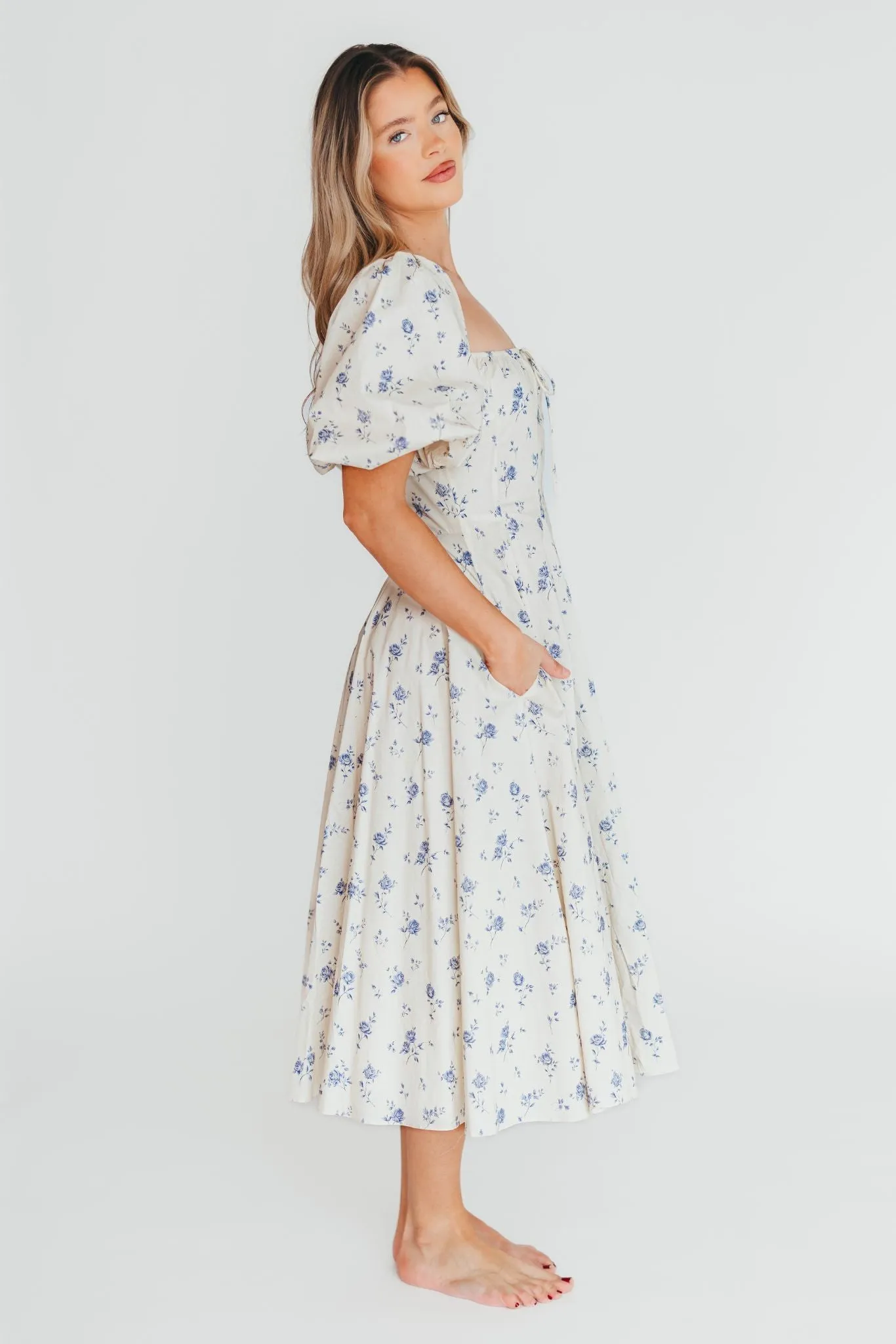 Olivia 100% Cotton Floral Printed Midi Dress in Ivory