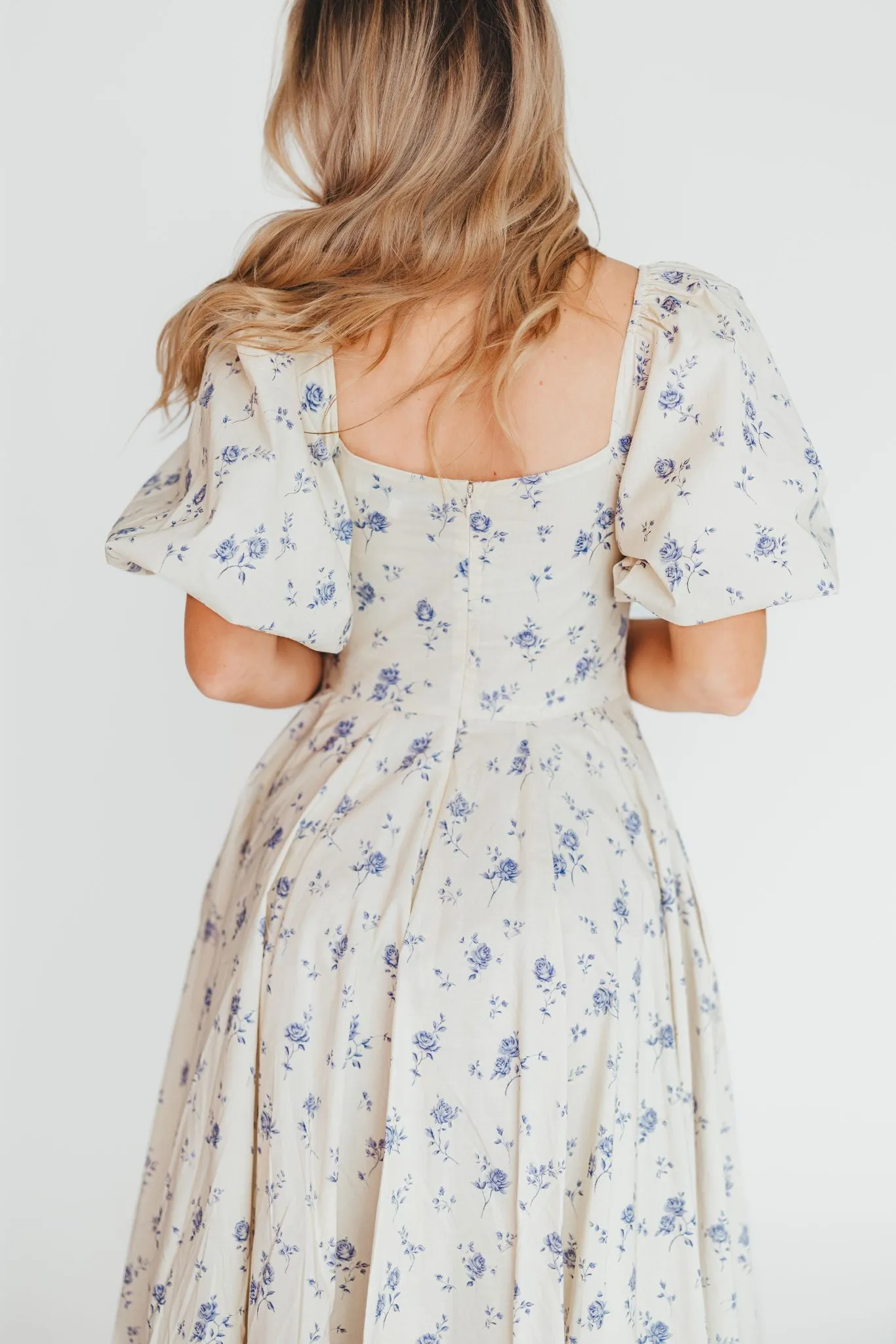 Olivia 100% Cotton Floral Printed Midi Dress in Ivory