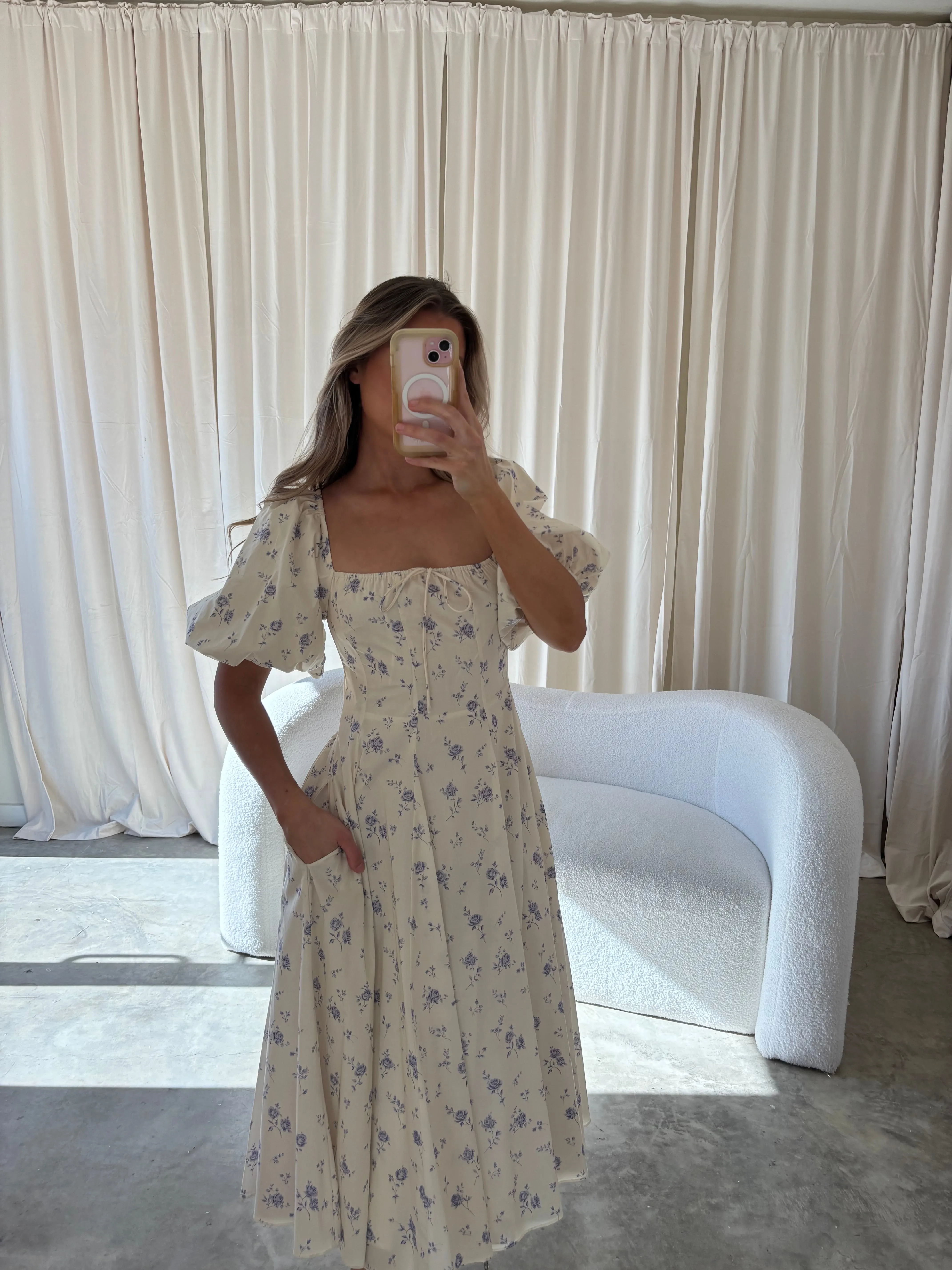 Olivia 100% Cotton Floral Printed Midi Dress in Ivory