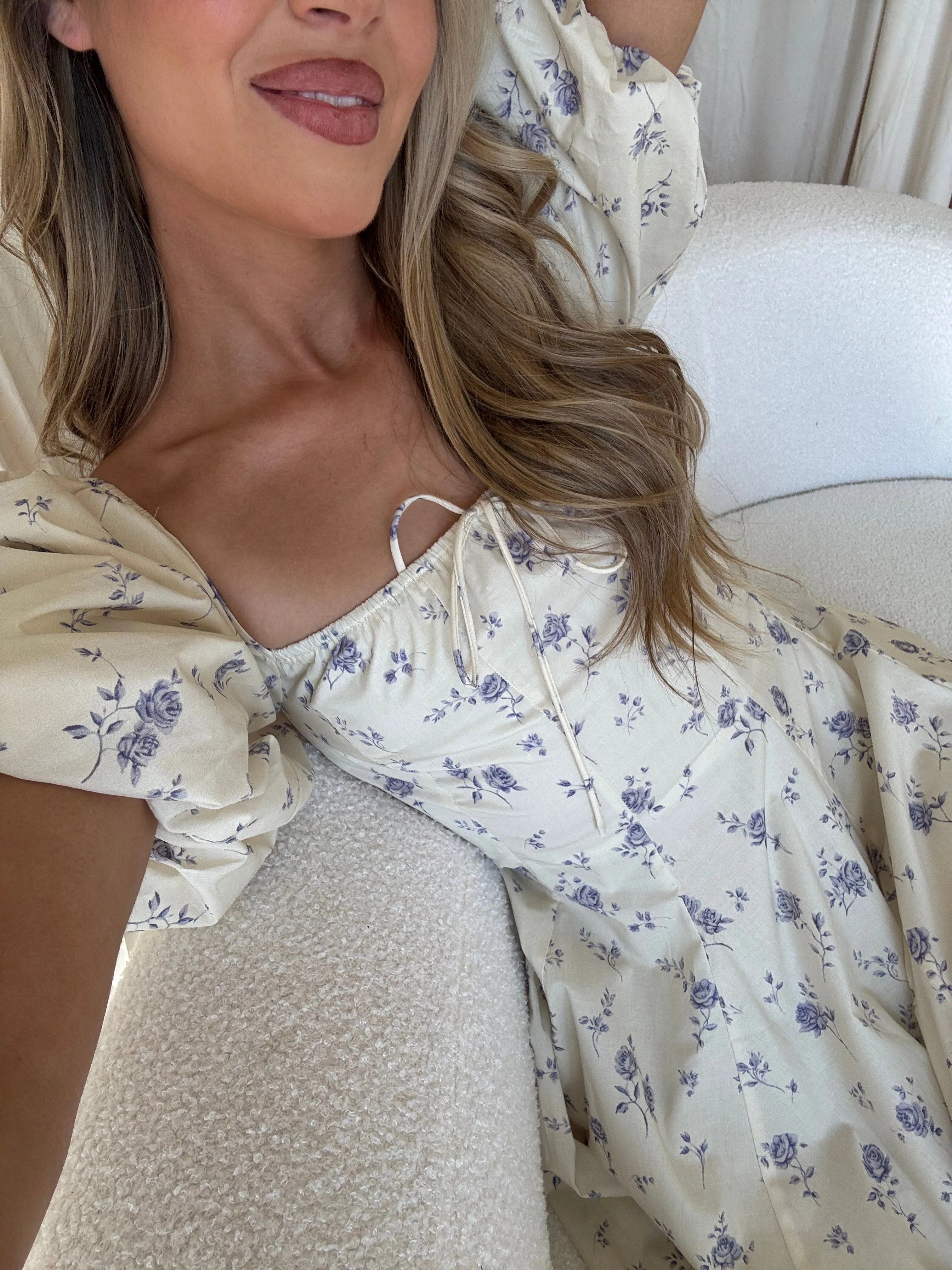 Olivia 100% Cotton Floral Printed Midi Dress in Ivory