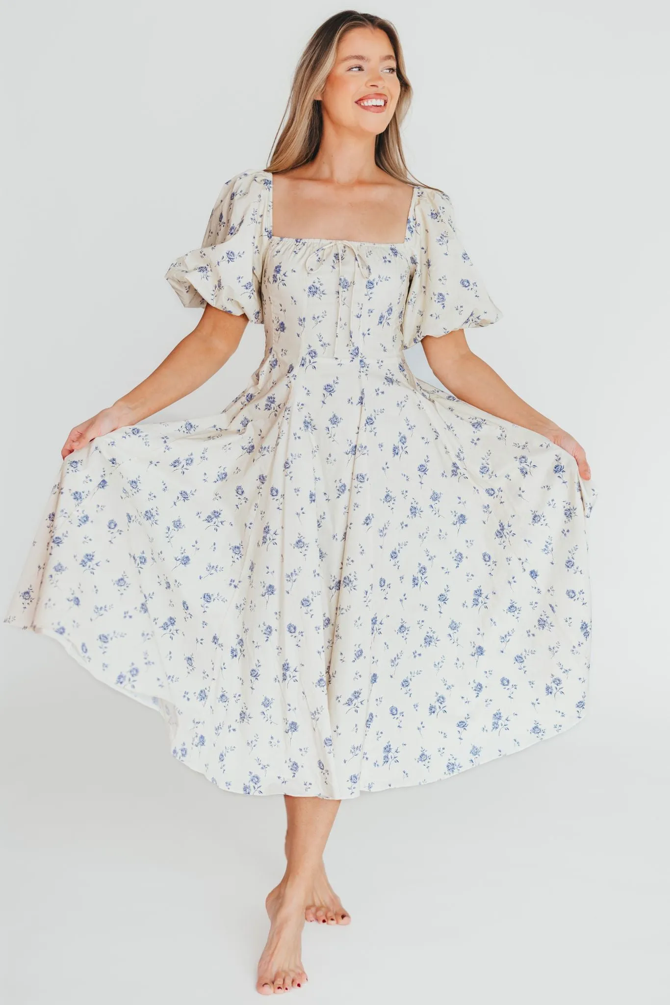 Olivia 100% Cotton Floral Printed Midi Dress in Ivory