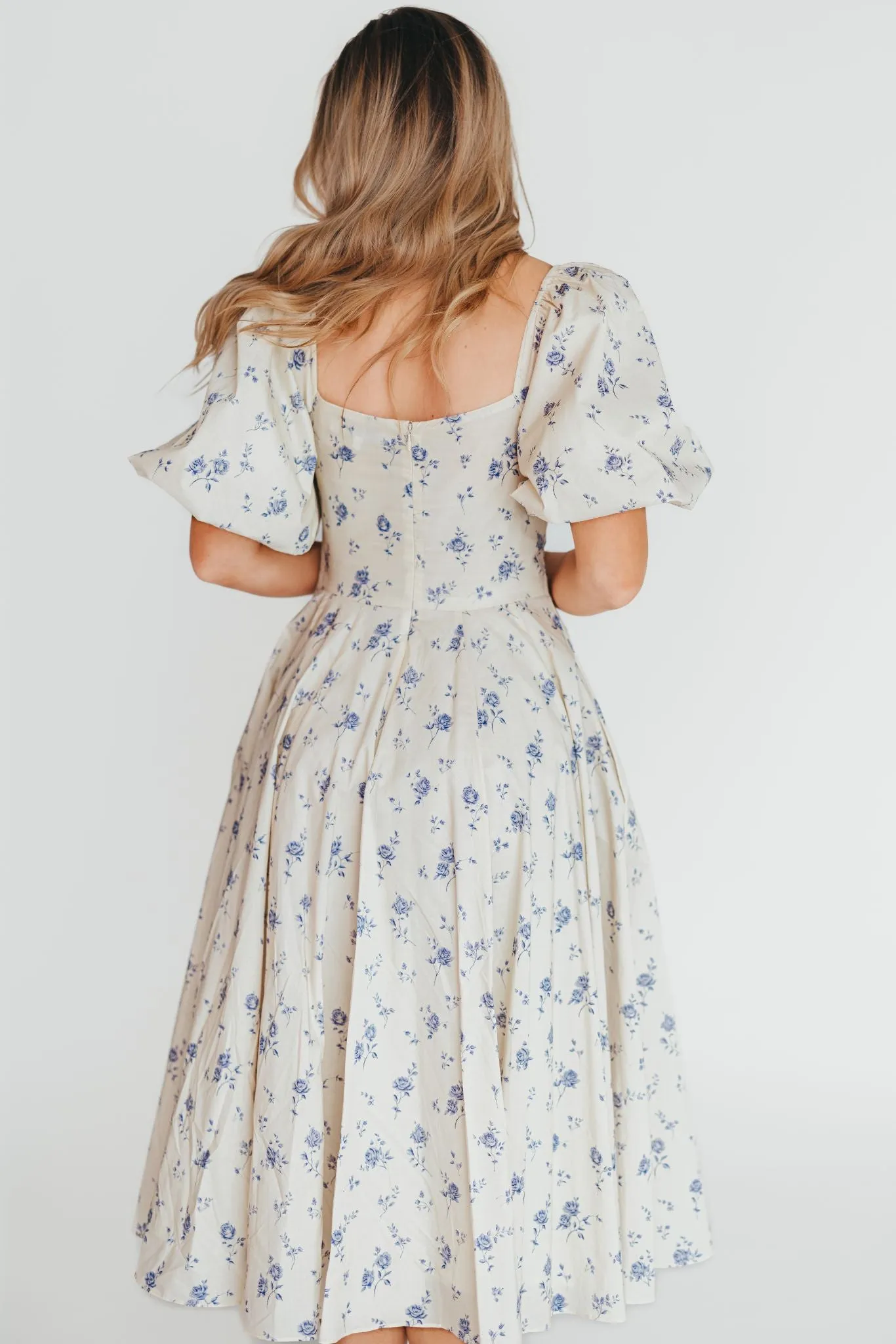 Olivia 100% Cotton Floral Printed Midi Dress in Ivory