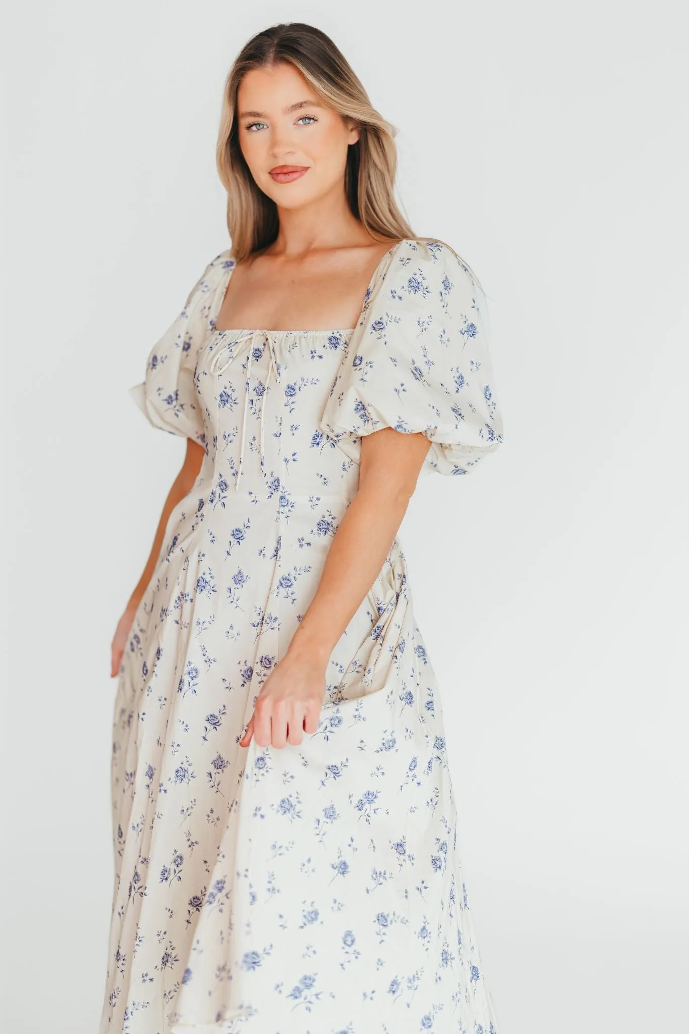Olivia 100% Cotton Floral Printed Midi Dress in Ivory