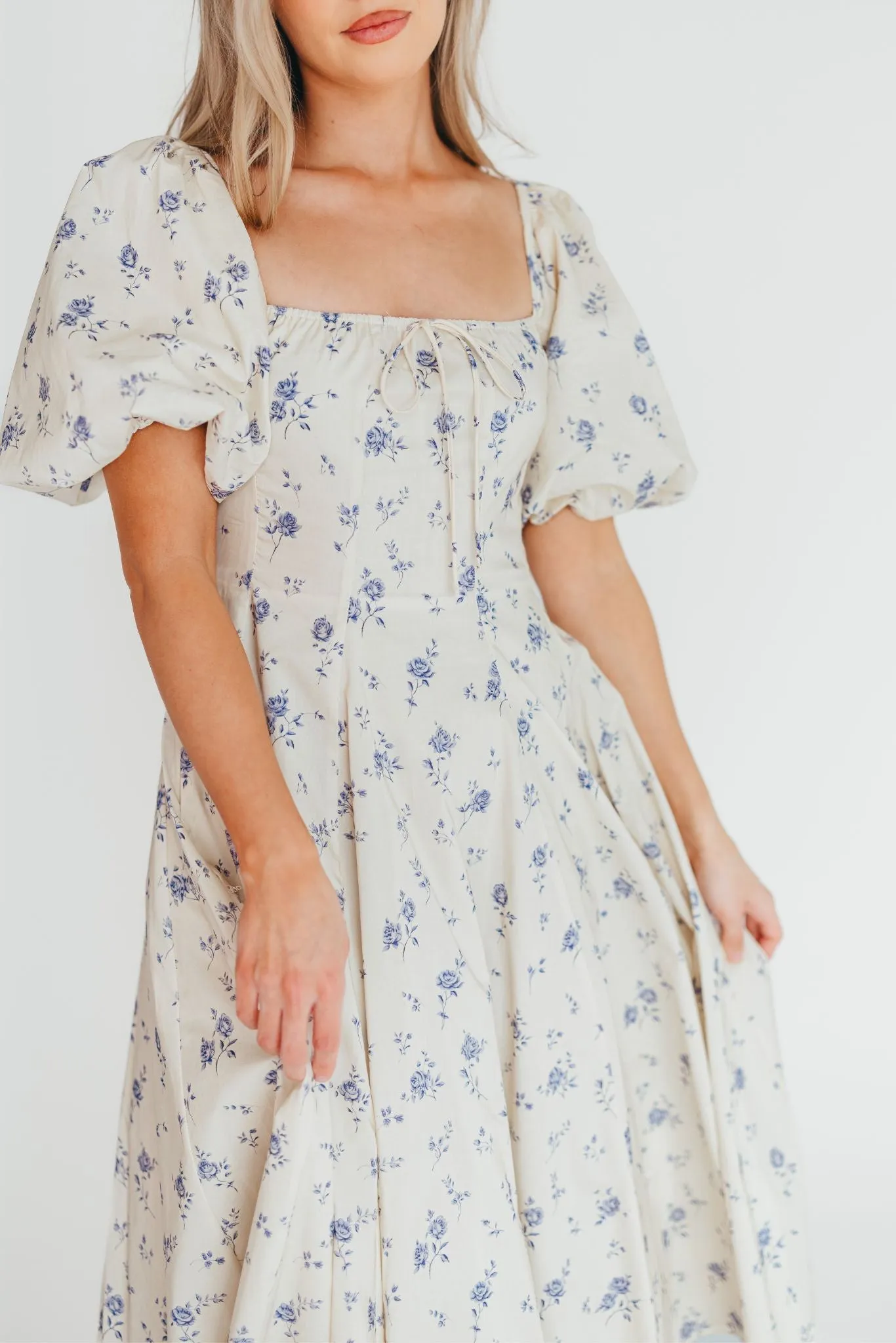 Olivia 100% Cotton Floral Printed Midi Dress in Ivory
