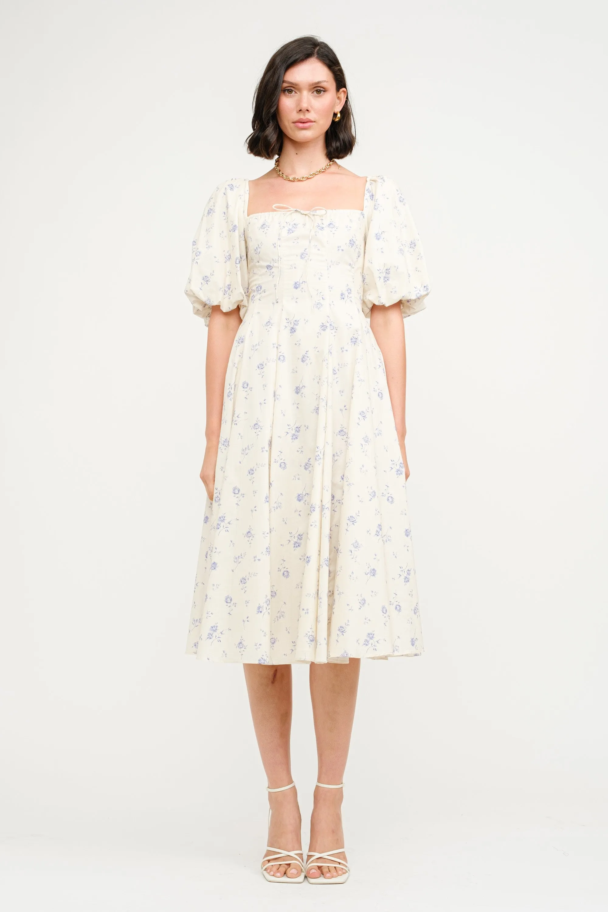 Olivia 100% Cotton Floral Printed Midi Dress in Ivory