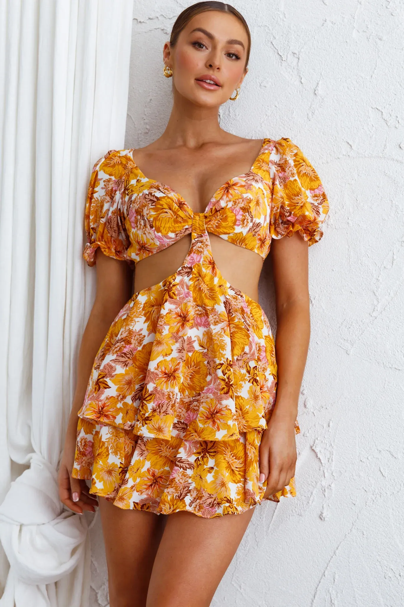 Orianthi Cut-Out Waist Mini Dress Floral Yellow
