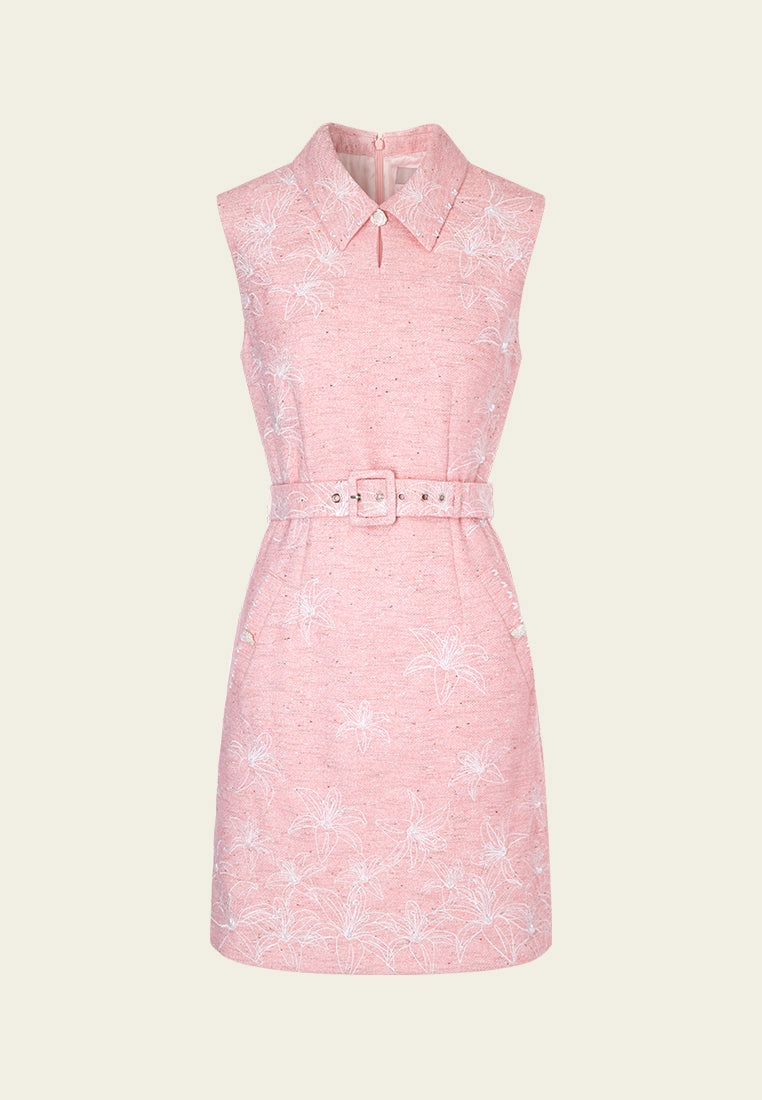 Pink Collar Belted Tweed Sleeveless Dress
