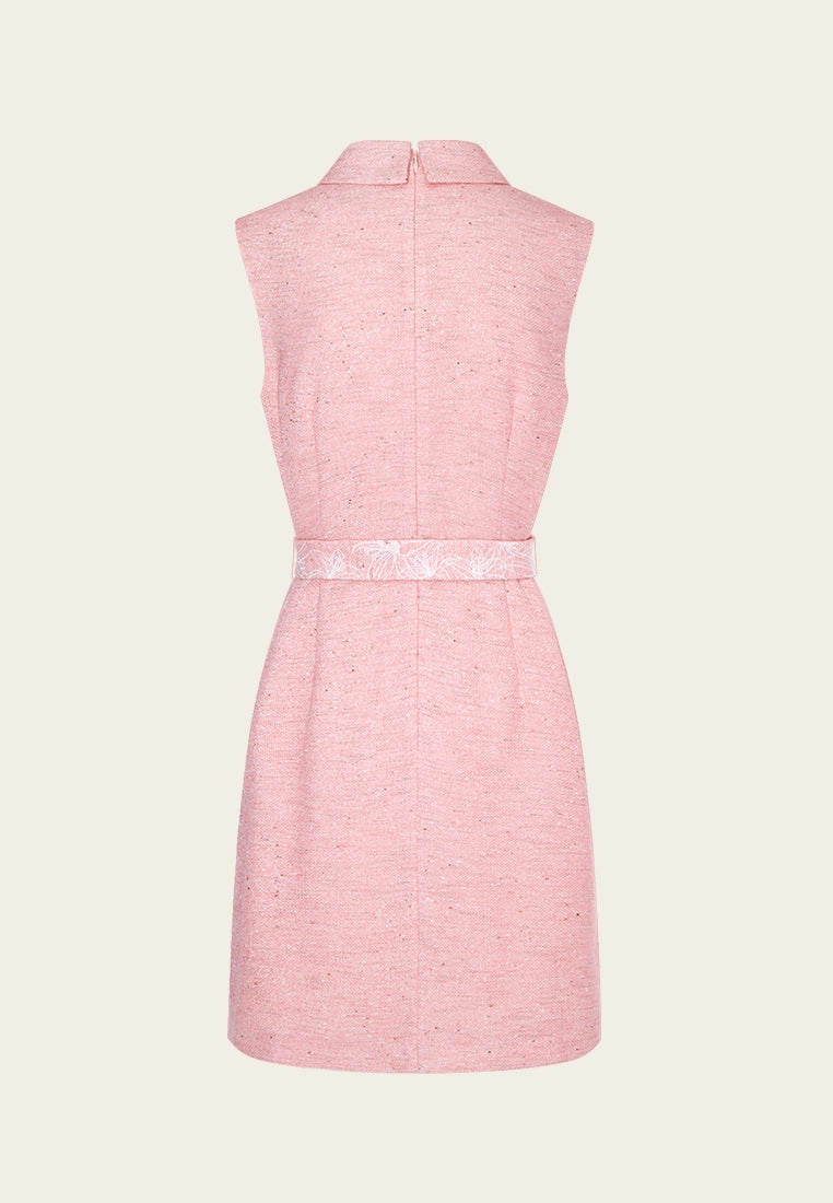 Pink Collar Belted Tweed Sleeveless Dress