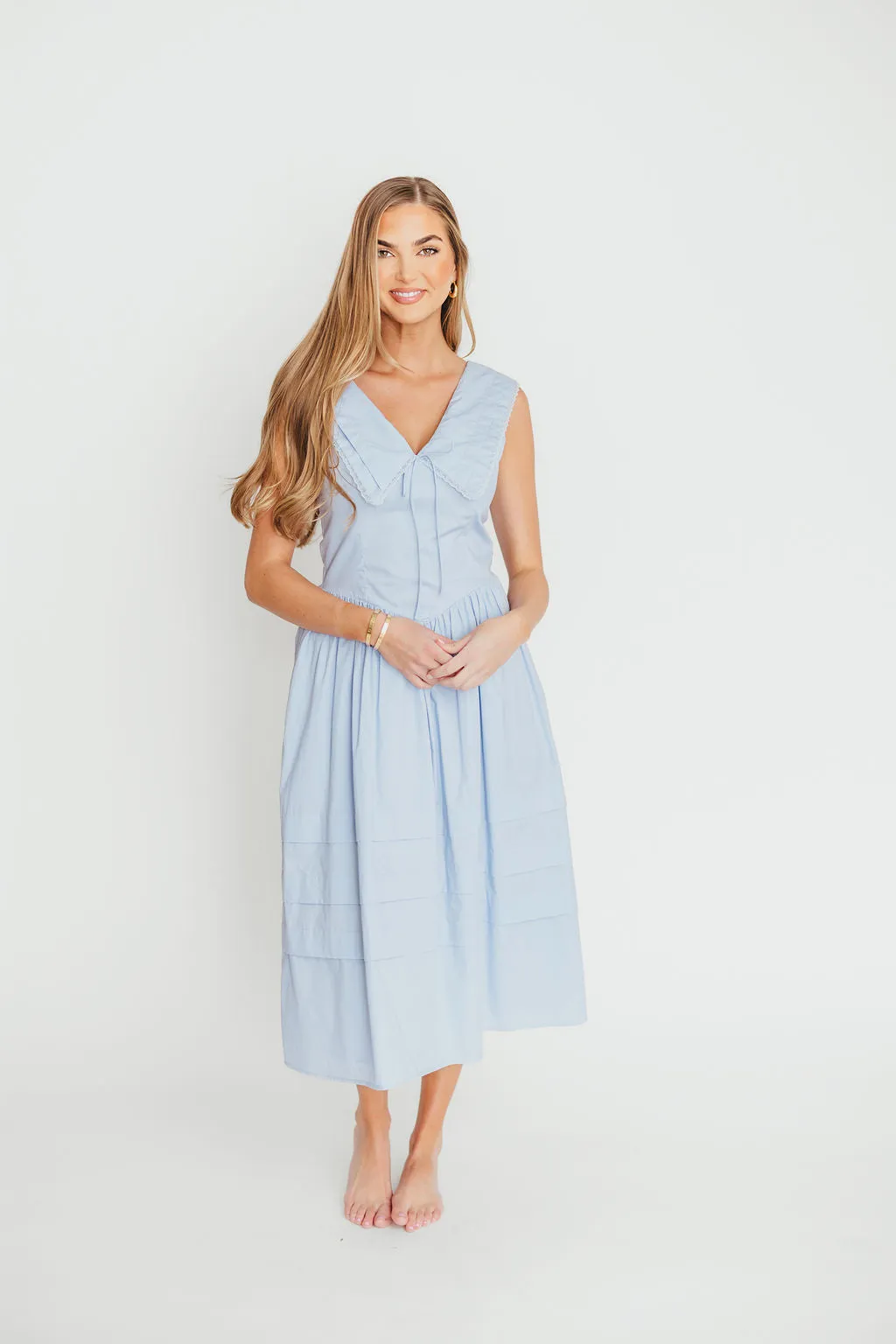Sailor 100% Cotton Collared Midi Dress in Blue
