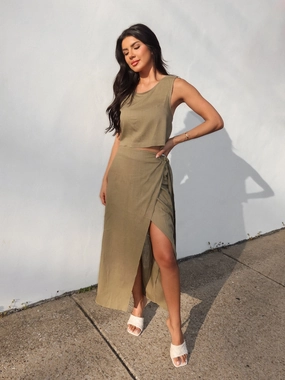 Selma Linen Wrap Skirt in Olive