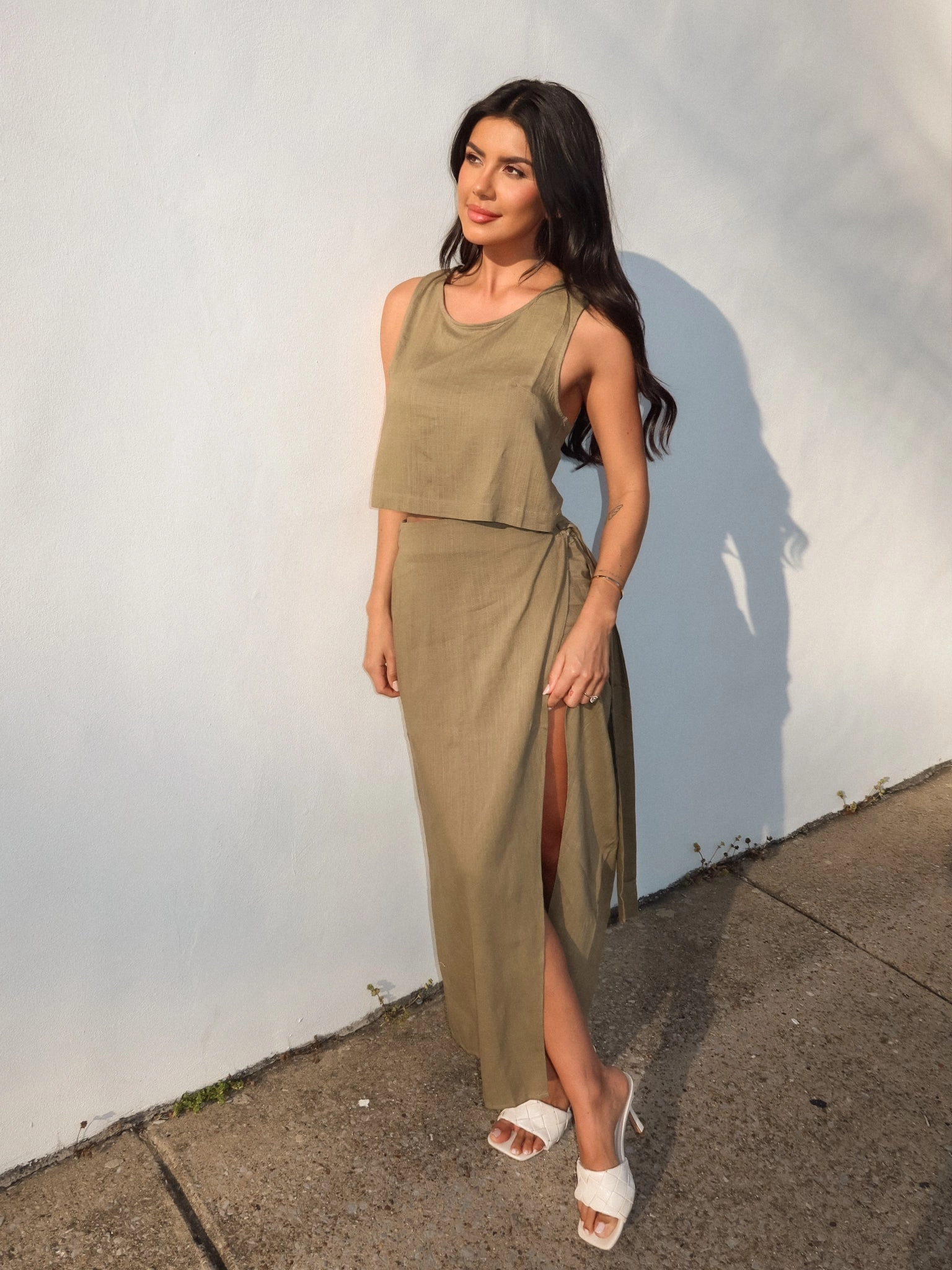 Selma Linen Wrap Skirt in Olive