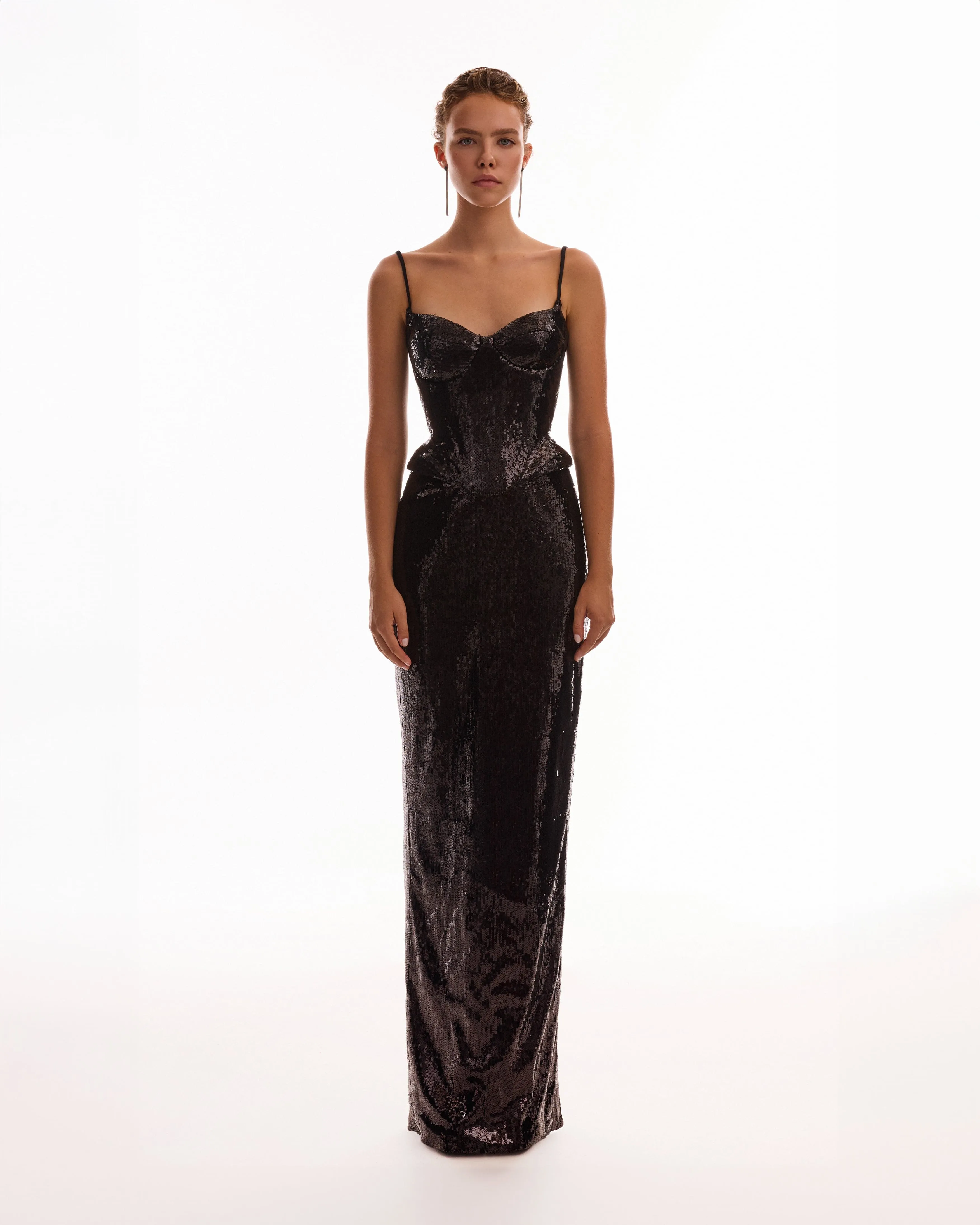 Sensational spaghetti straps sequined black corset, Midnight Walk