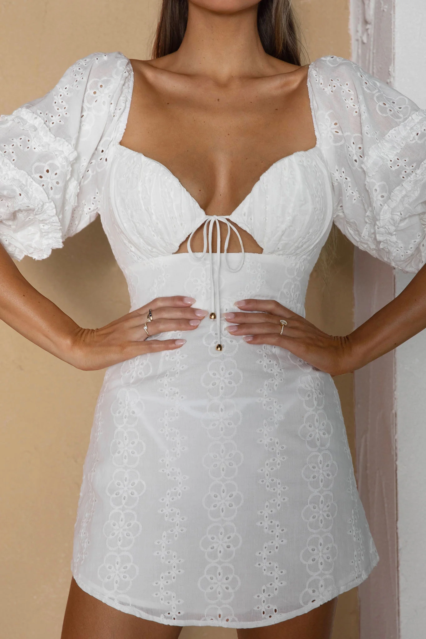 Sweet Romance Puff Sleeve Eyelet Mini Dress White