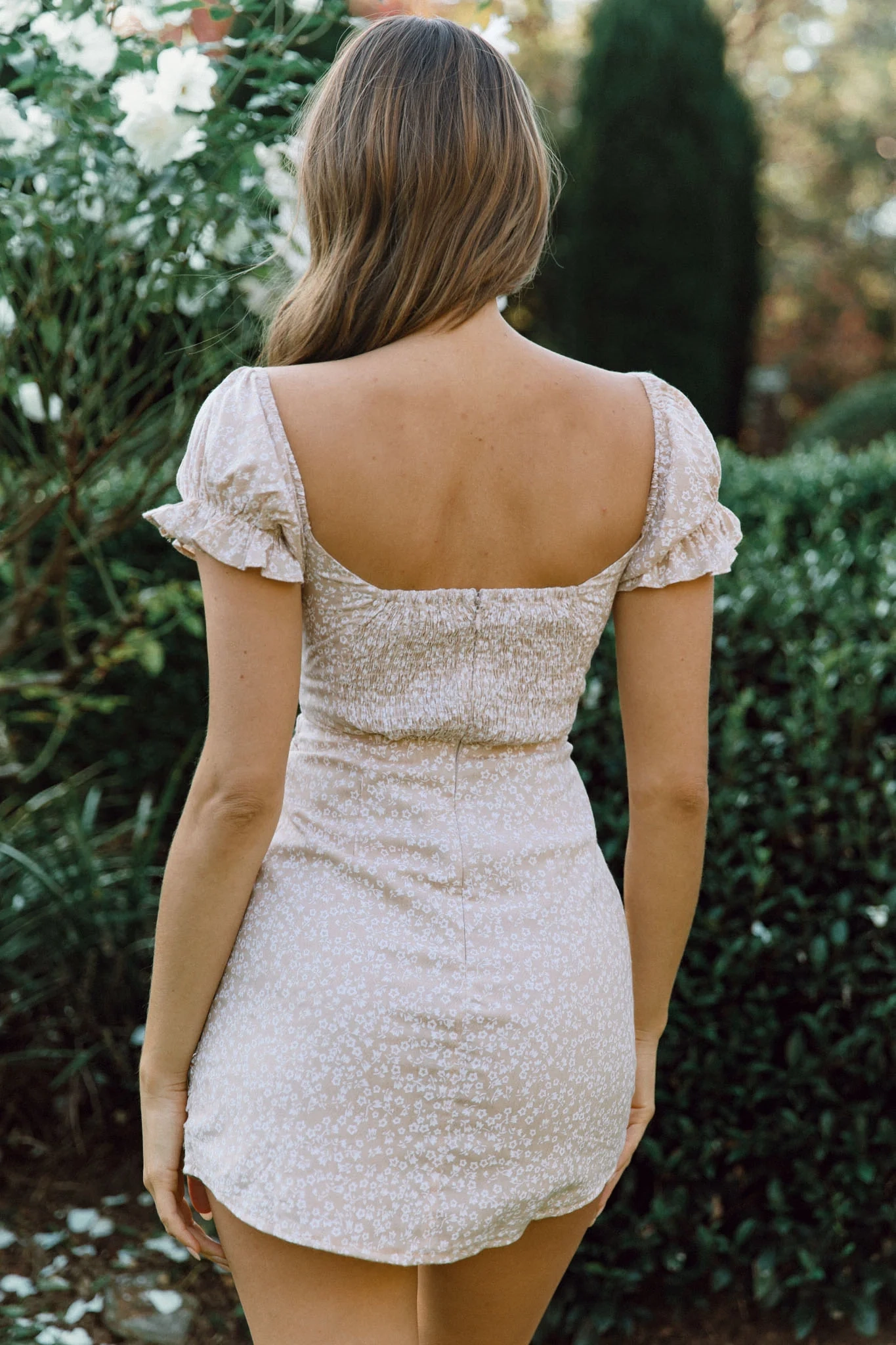 Sweet Romance Sweetheart Neckline Ruched Dress Floral Print Mocha
