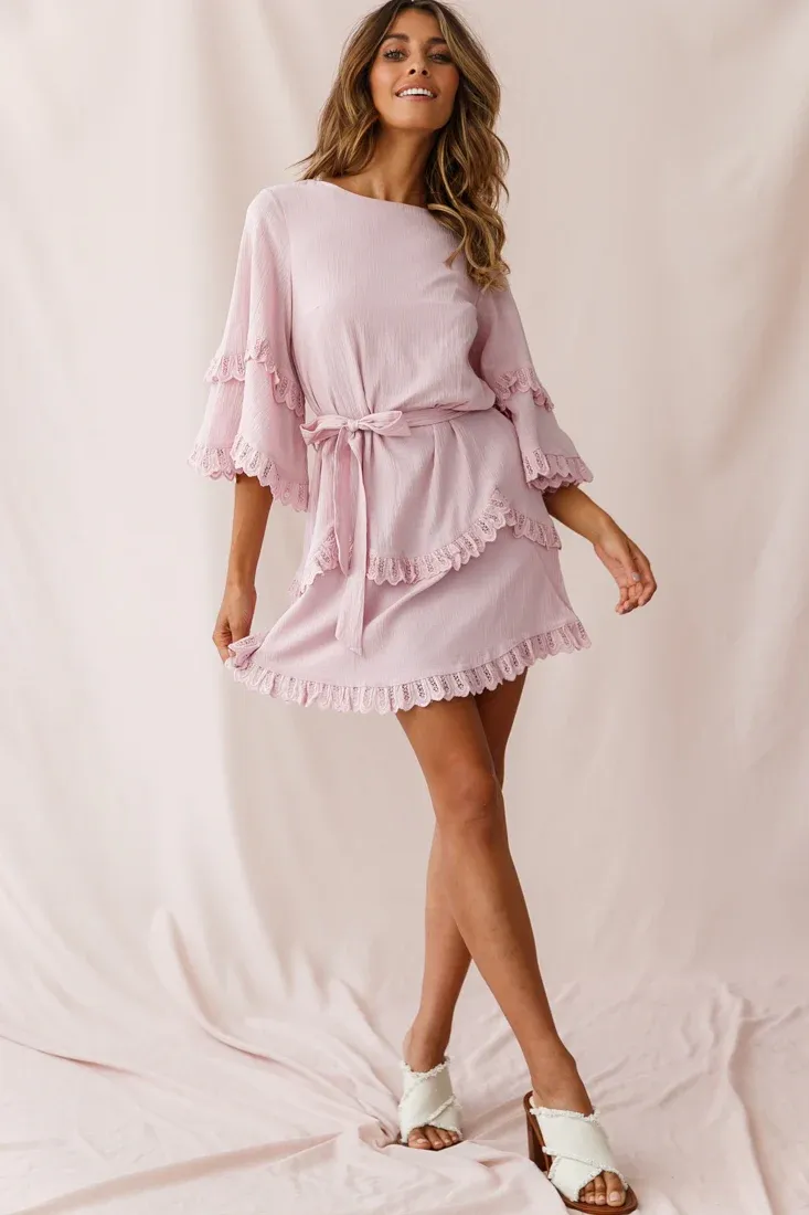 Talitha Waist Tie Lace Trim Dress Blush