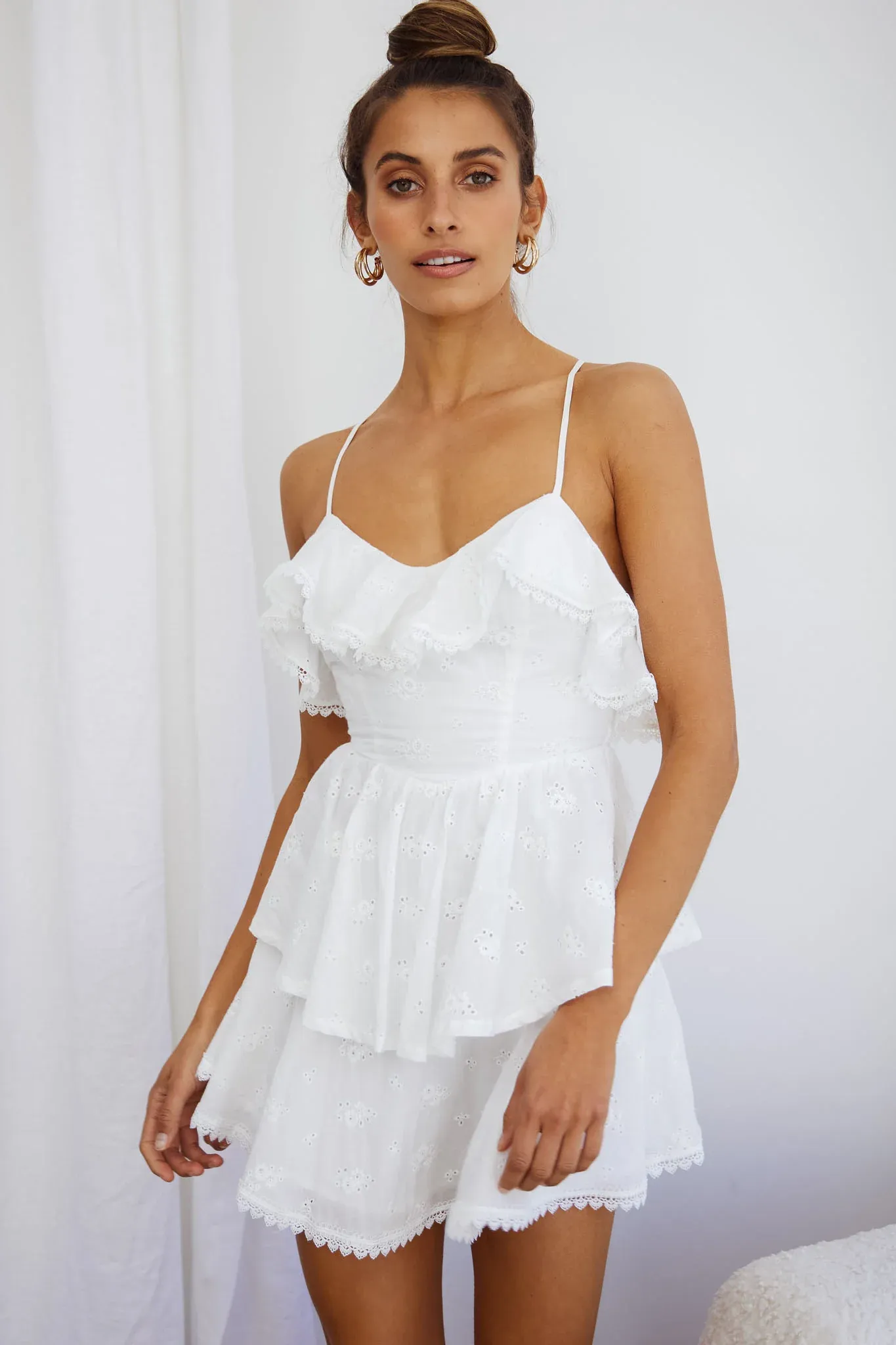 Tameka Ruffle Trim Layered Hem Eyelet Dress White
