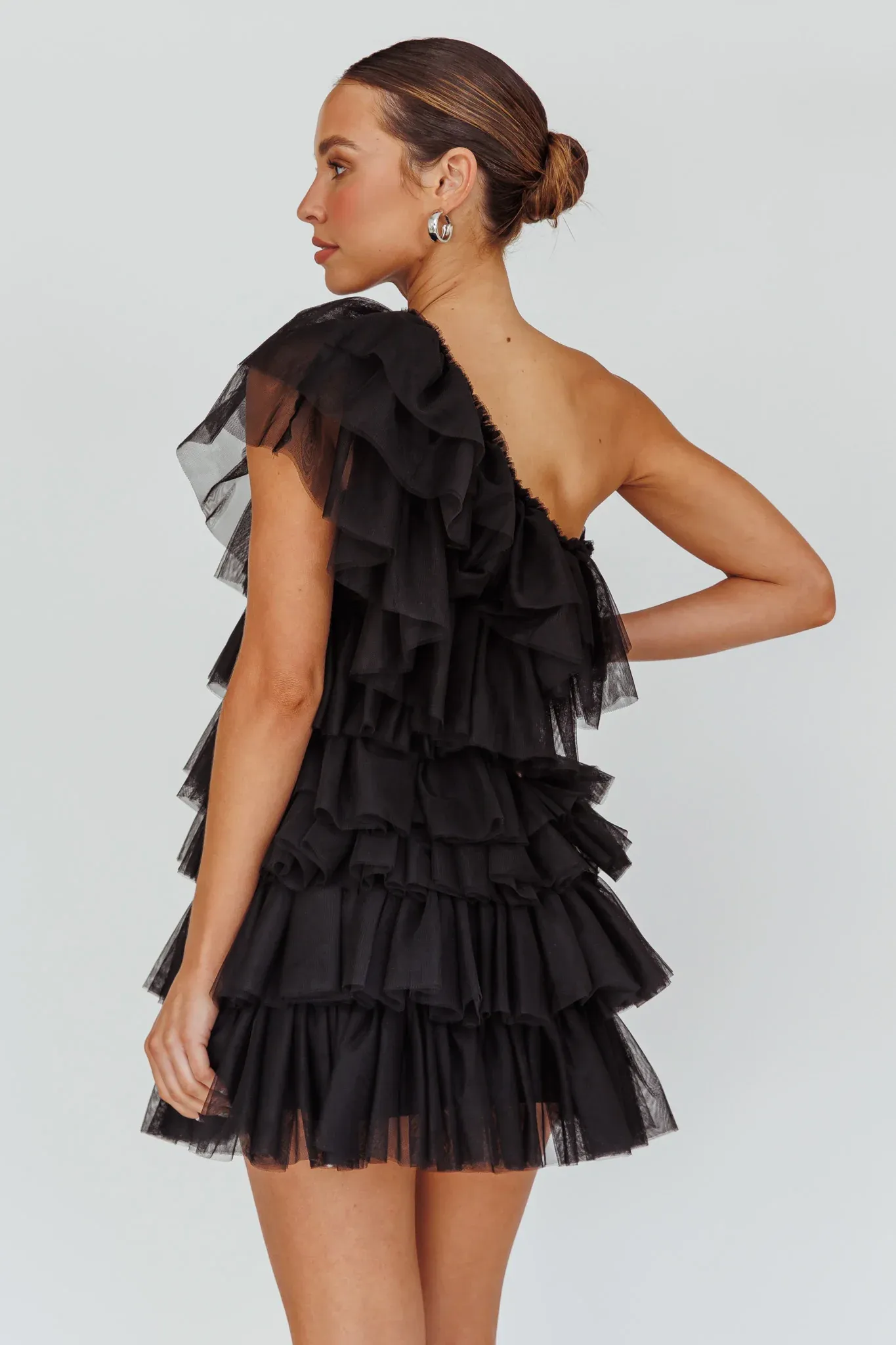 Tomi Layered Frill One-Shoulder Mini Dress Black