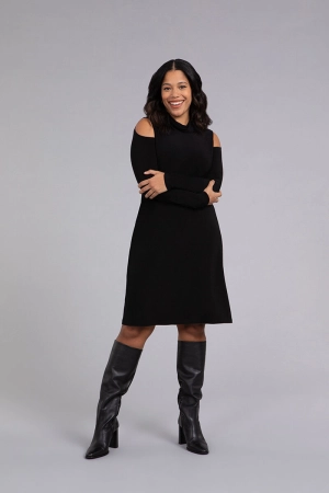 Turtle Neck Cutout Shoulder Dress | Black